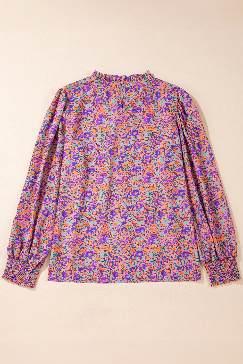 Purple Floral Print Frilled O-Neck Blouse with Shirred Cuffs