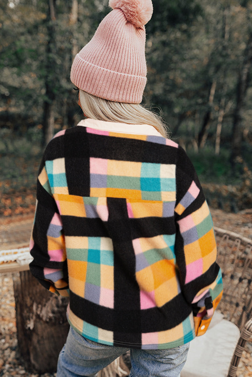 Cozy Black Sweatshirt with Plaid Print, Pockets, and Half Button Front
