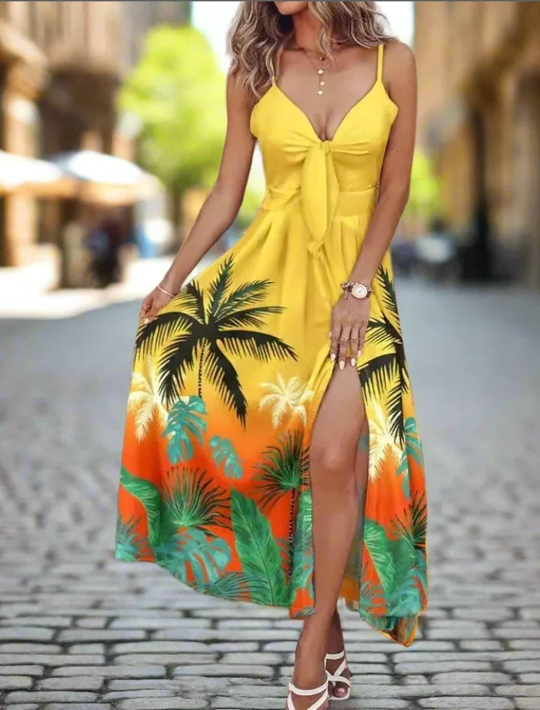 Women’s Summer Ombre Leaf Maxi Dresses – Hawaiian Style, Sleeveless & Elegant