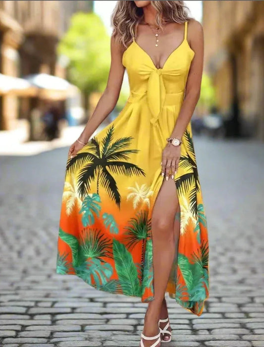 Women’s Summer Ombre Leaf Maxi Dresses – Hawaiian Style, Sleeveless & Elegant