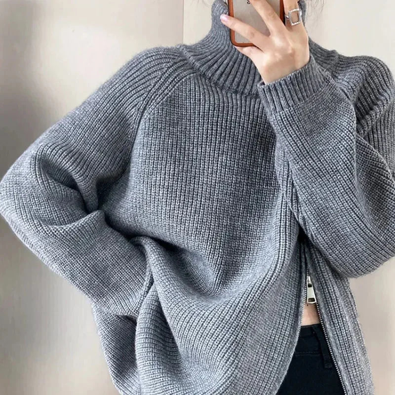 Zipper Solid Colour High-End Knitted Sweater - Loose Long-Sleeve Warm Outerwear Top for Fashion