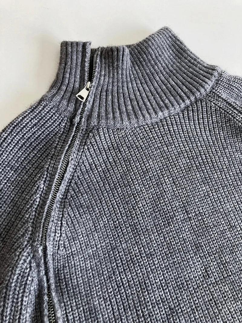 Zipper Solid Colour High-End Knitted Sweater - Loose Long-Sleeve Warm Outerwear Top for Fashion