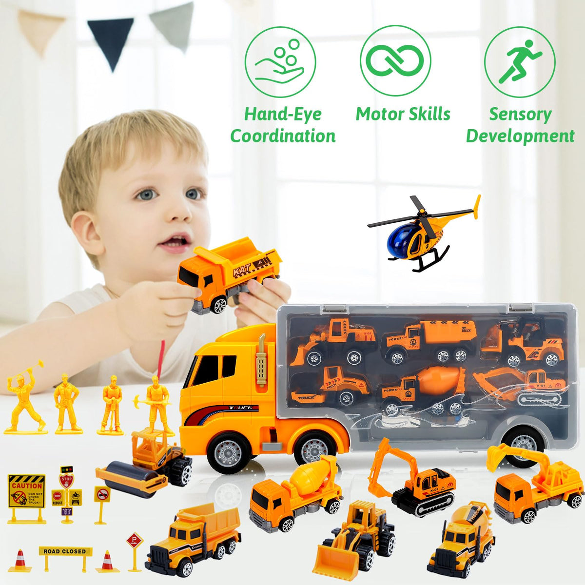 ALOTJOY 13-in-1 Engineering Die-Cast Construction Trucks for Boys | 3+ Year Old Toys