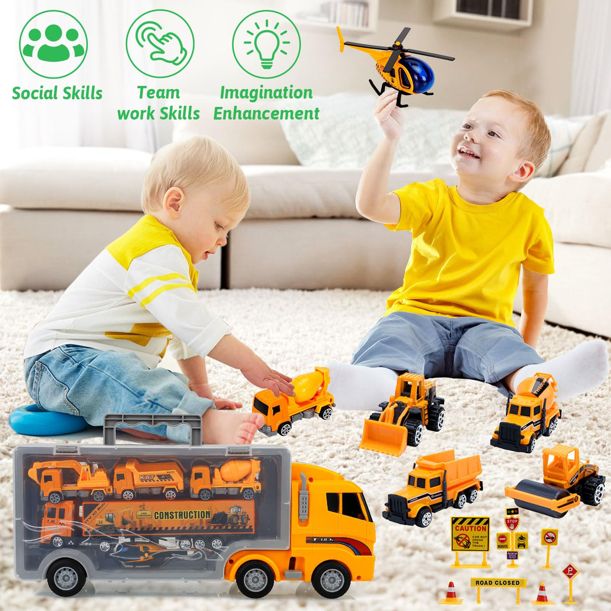 ALOTJOY 13-in-1 Engineering Die-Cast Construction Trucks for Boys | 3+ Year Old Toys