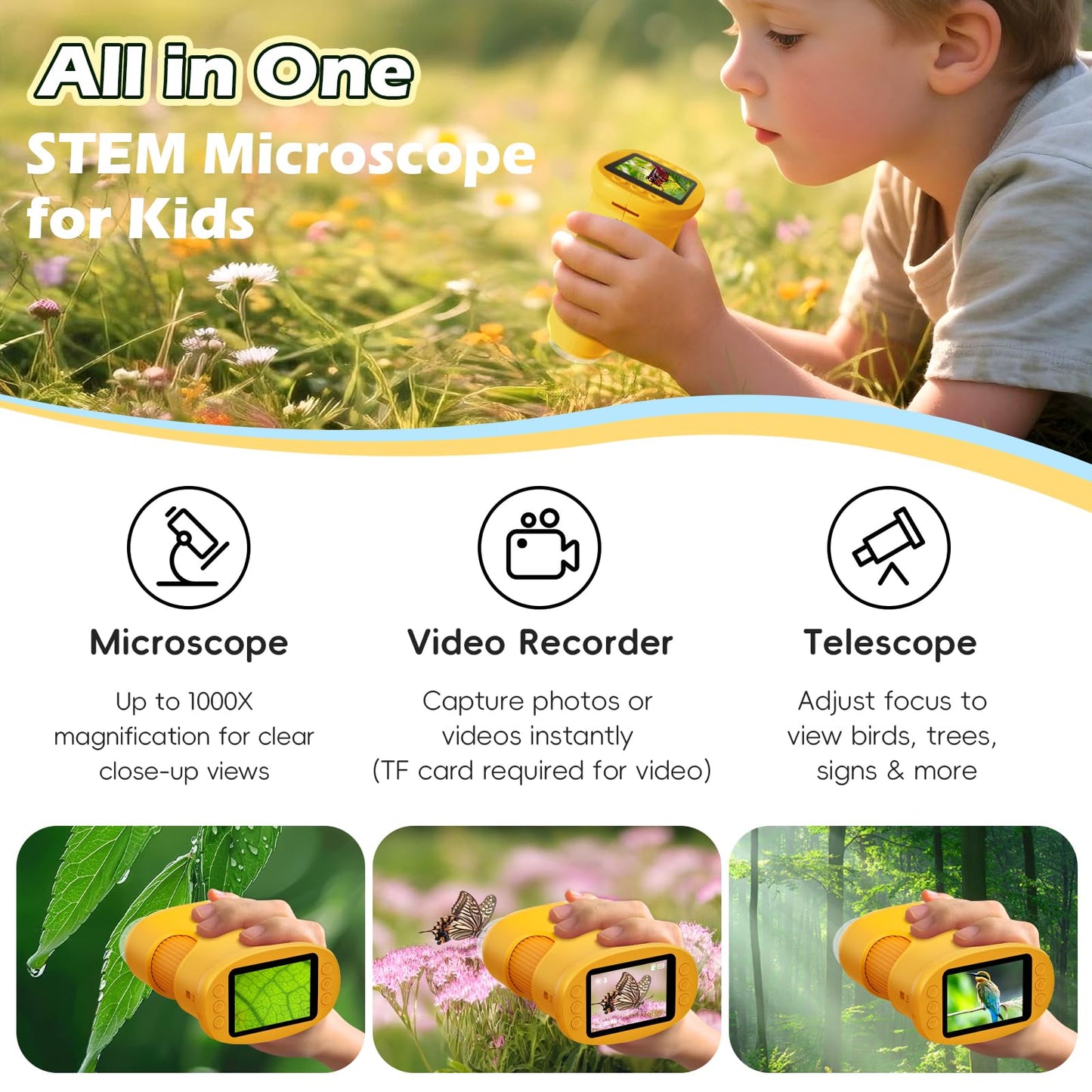 Alotwan Kids Microscope 1000X – Handheld HD Screen, 8GB TF Card Included