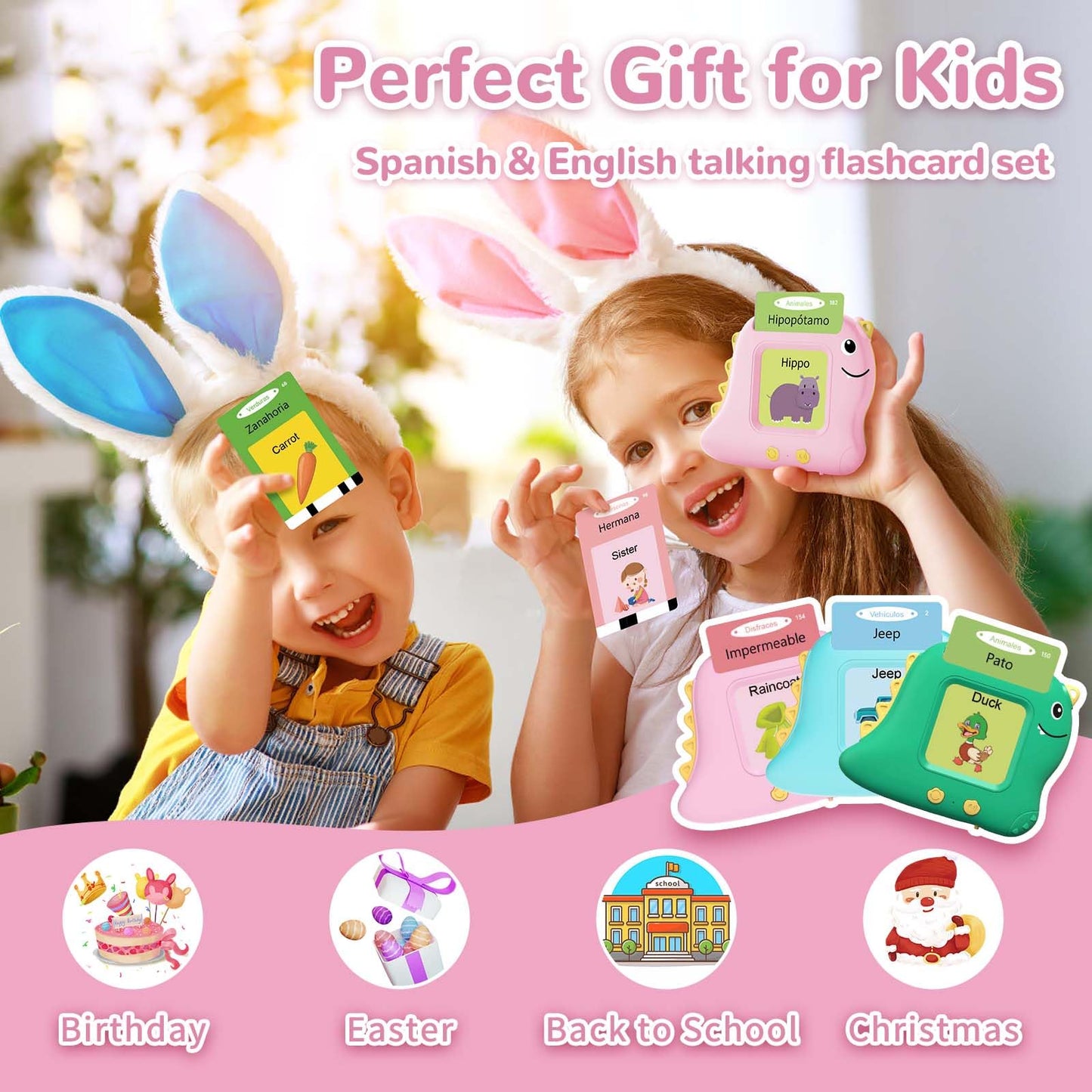 Alotwan Spanish Talking Flash Cards for Toddlers — Bilingual English/Spanish Montessori Learning, 112 Cards, 224 Words