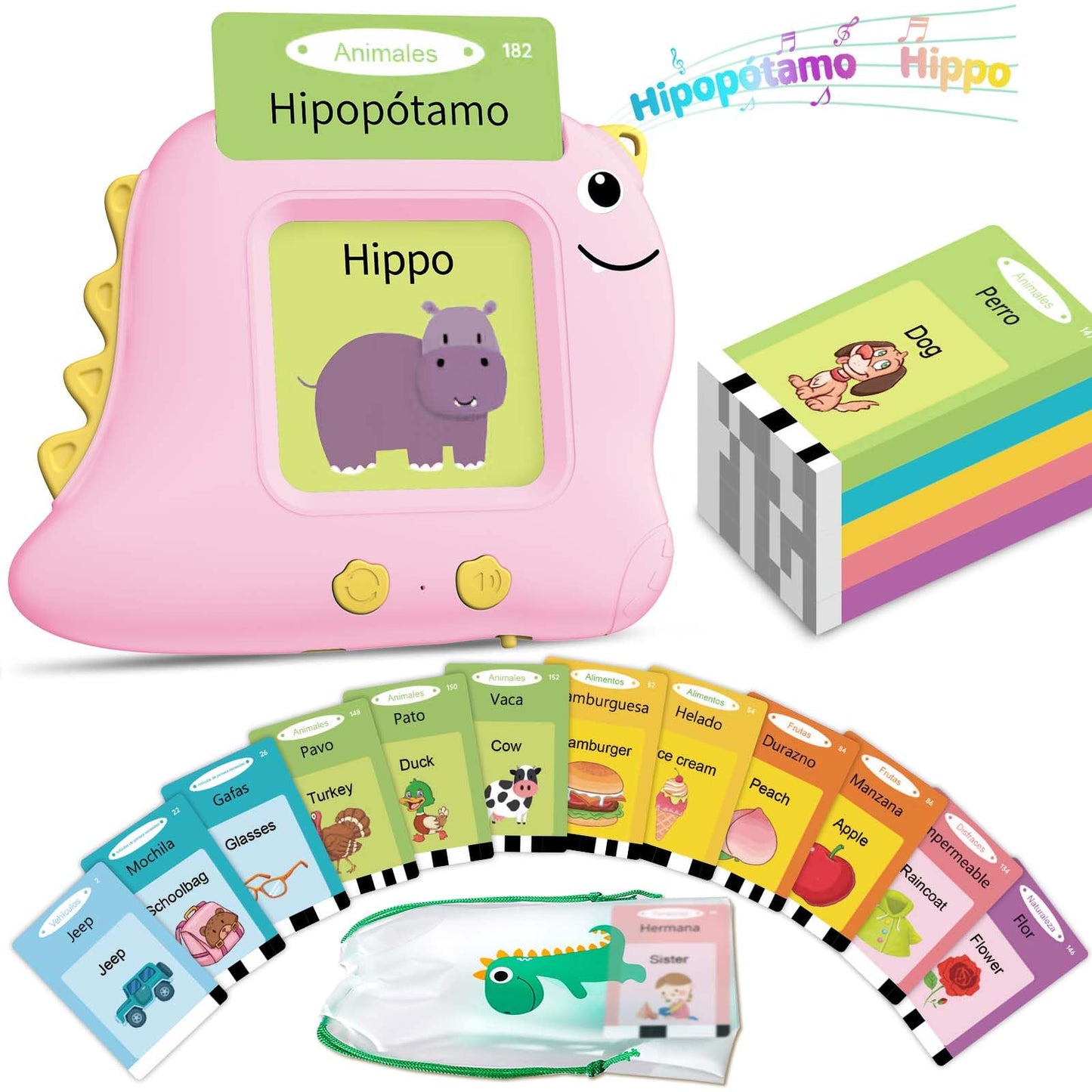 Alotwan Spanish Talking Flash Cards for Toddlers — Bilingual English/Spanish Montessori Learning, 112 Cards, 224 Words