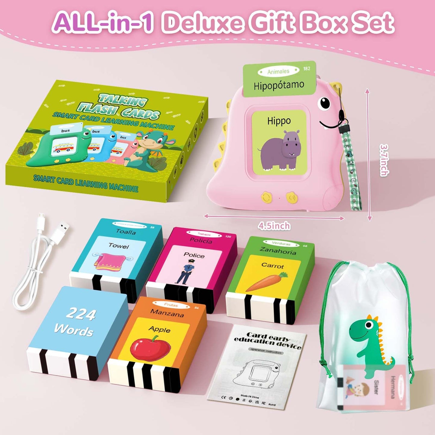 Alotwan Spanish Talking Flash Cards for Toddlers — Bilingual English/Spanish Montessori Learning, 112 Cards, 224 Words