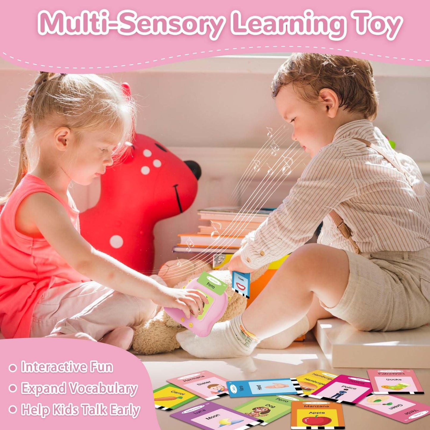 Alotwan Spanish Talking Flash Cards for Toddlers — Bilingual English/Spanish Montessori Learning, 112 Cards, 224 Words