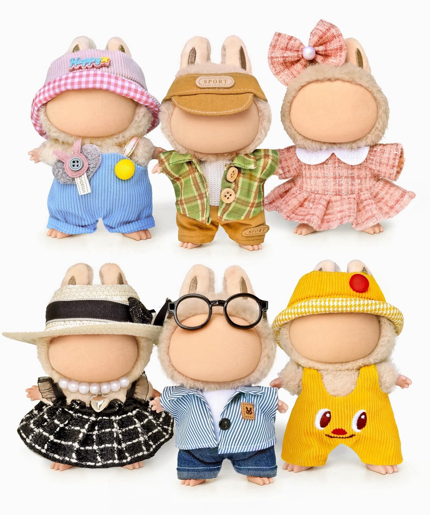 ALOVAK 6-Piece Outfit Set for 17cm Collectible Dolls – Miniature Clothes with Hats, Glasses & Necklaces