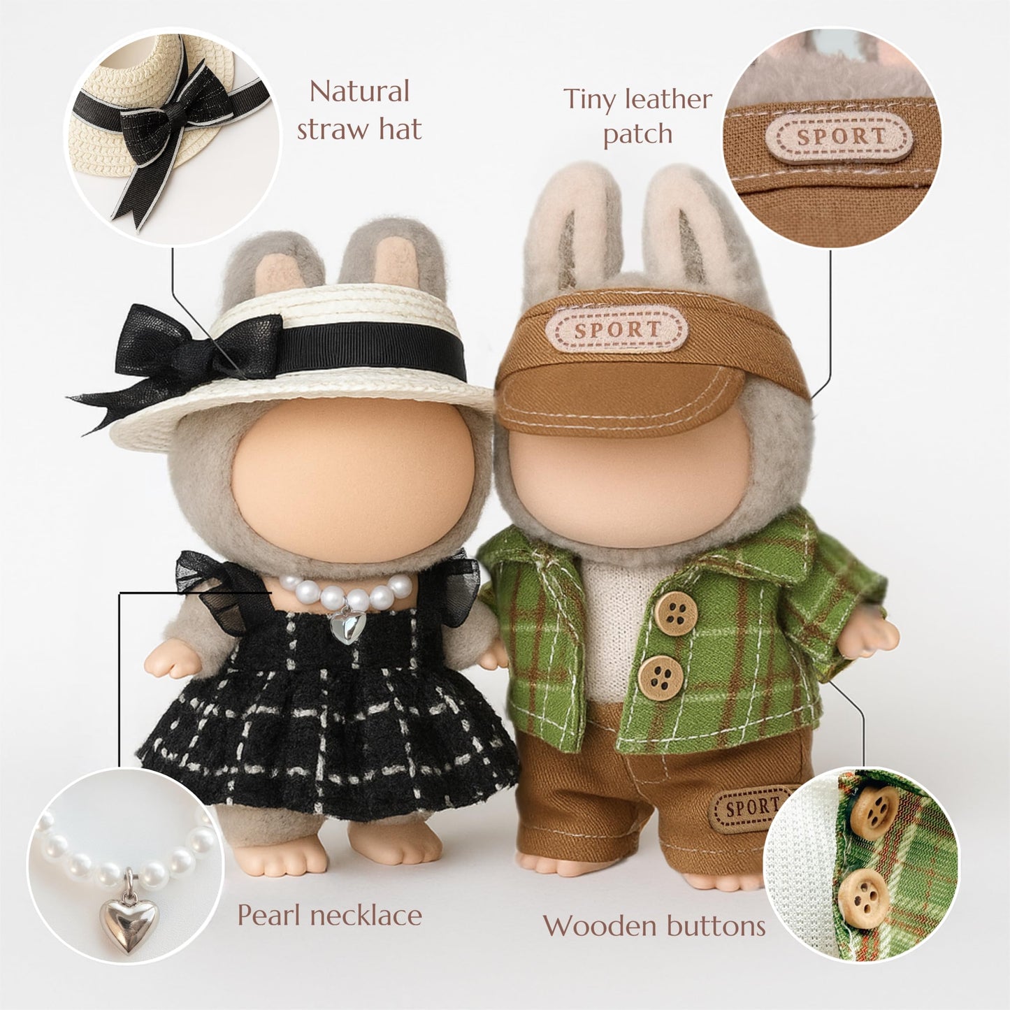 ALOVAK 6-Piece Outfit Set for 17cm Collectible Dolls – Miniature Clothes with Hats, Glasses & Necklaces