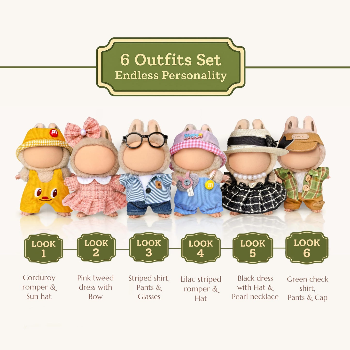 ALOVAK 6-Piece Outfit Set for 17cm Collectible Dolls – Miniature Clothes with Hats, Glasses & Necklaces