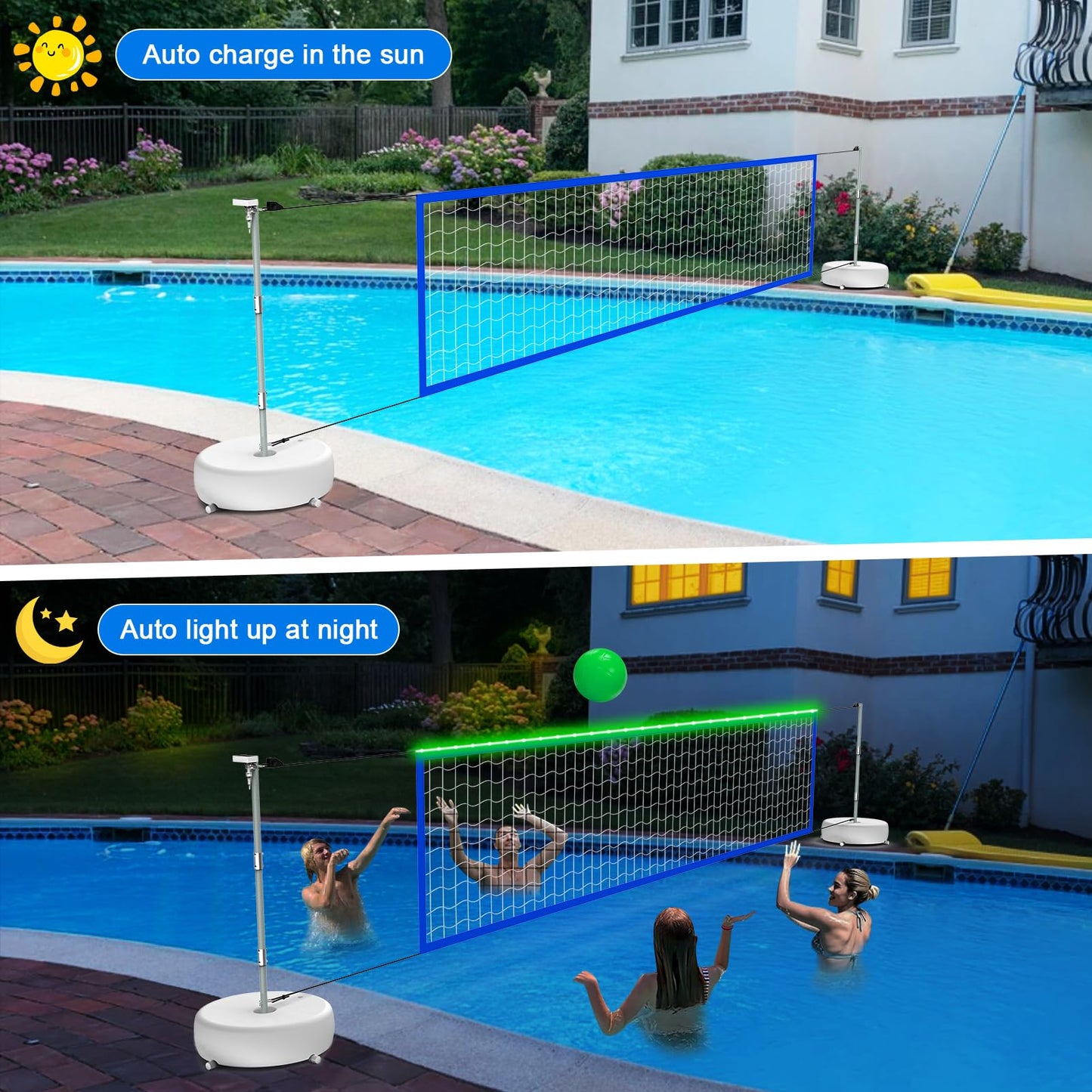 Alpcouts Pool Volleyball Net Set with Solar Lights – Adjustable 15ft-32ft for Inground Pools