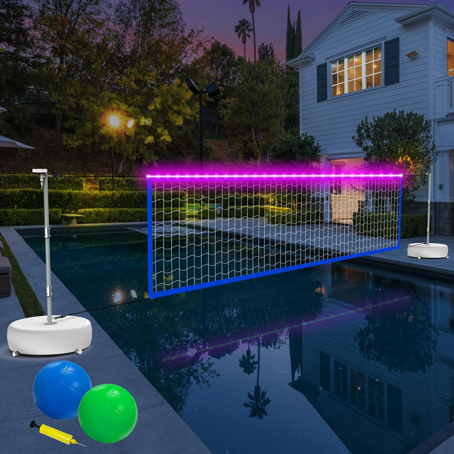 Alpcouts Pool Volleyball Net Set with Solar Lights – Adjustable 15ft-32ft for Inground Pools