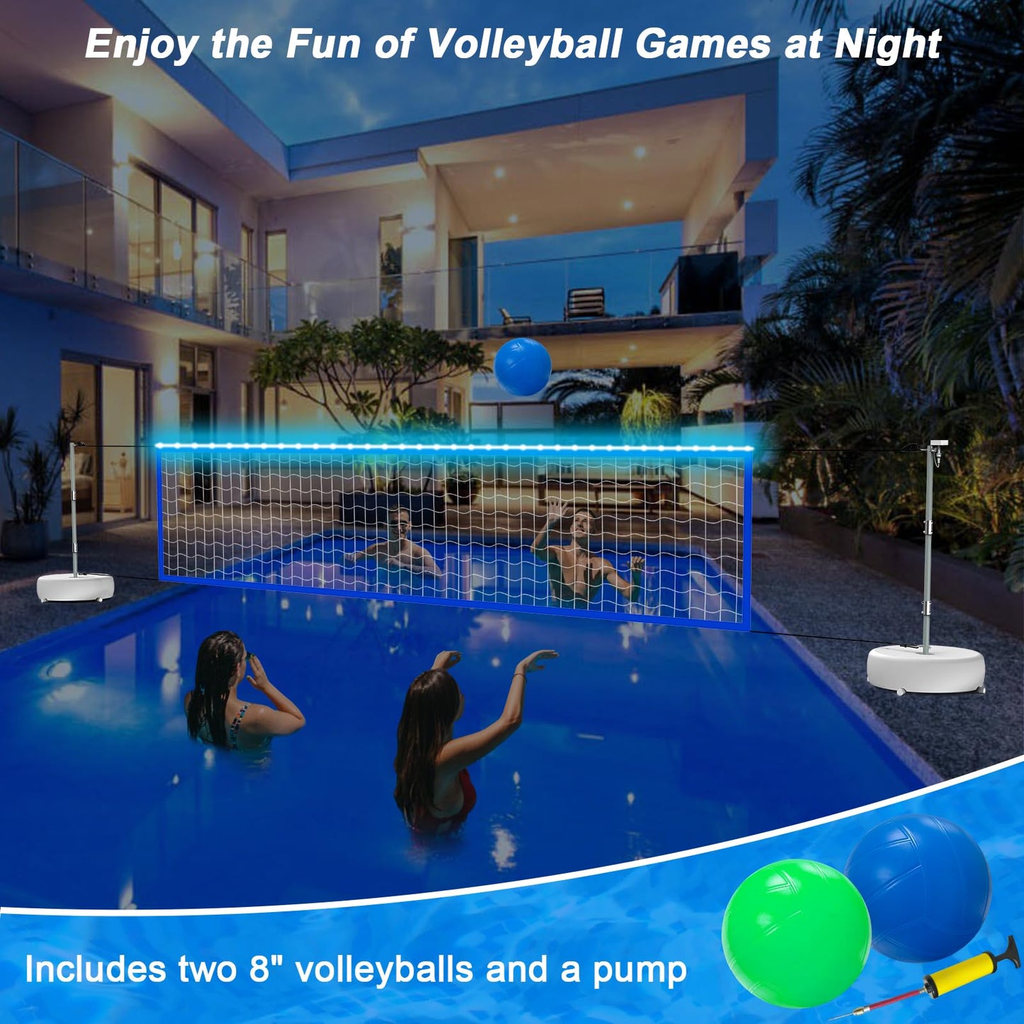 Alpcouts Pool Volleyball Net Set with Solar Lights – Adjustable 15ft-32ft for Inground Pools
