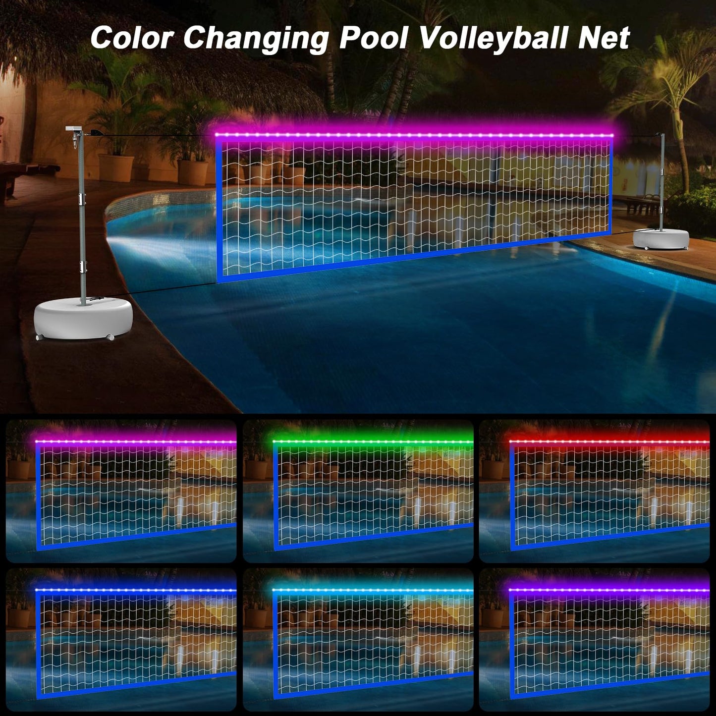 Alpcouts Pool Volleyball Net Set with Solar Lights – Adjustable 15ft-32ft for Inground Pools