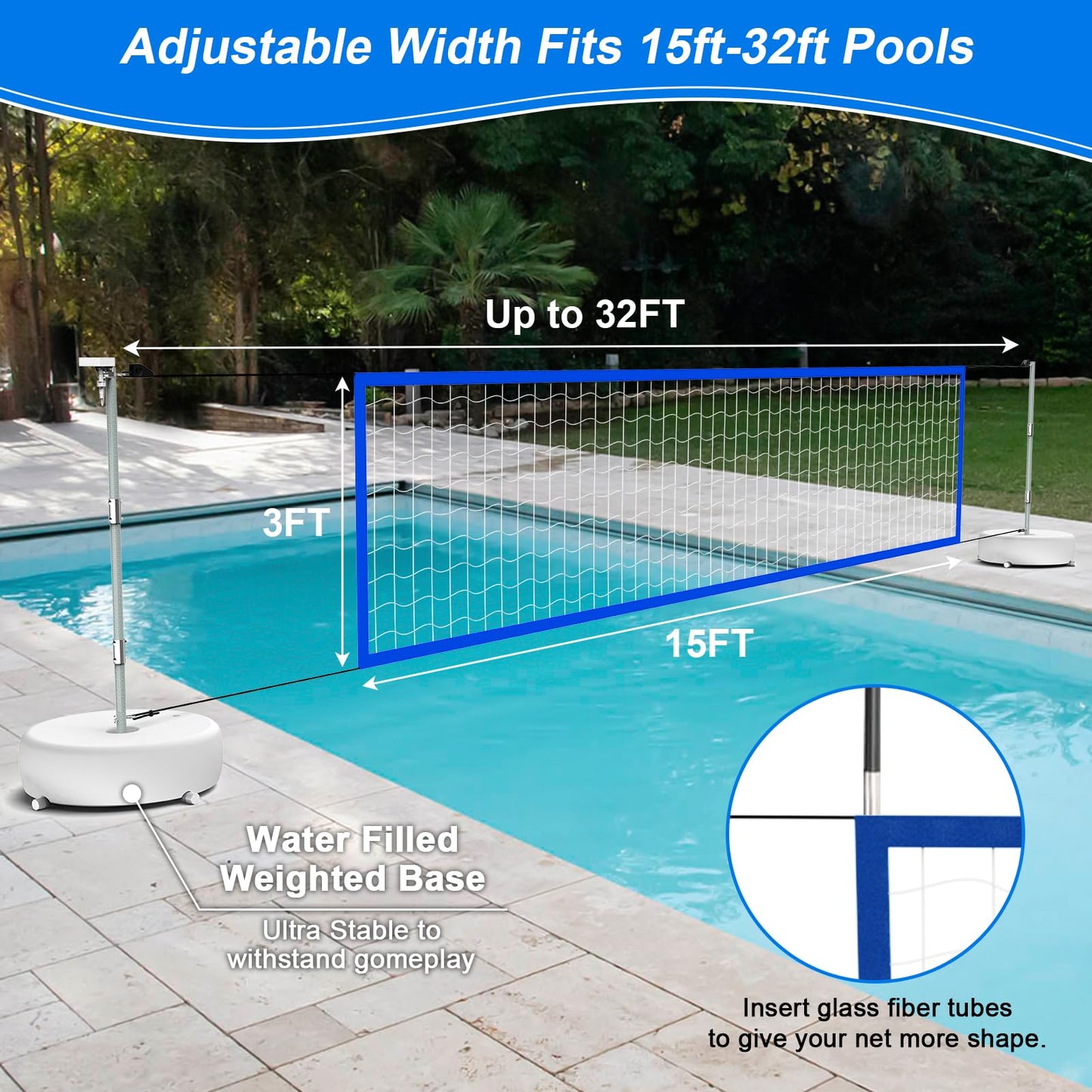 Alpcouts Pool Volleyball Net Set with Solar Lights – Adjustable 15ft-32ft for Inground Pools