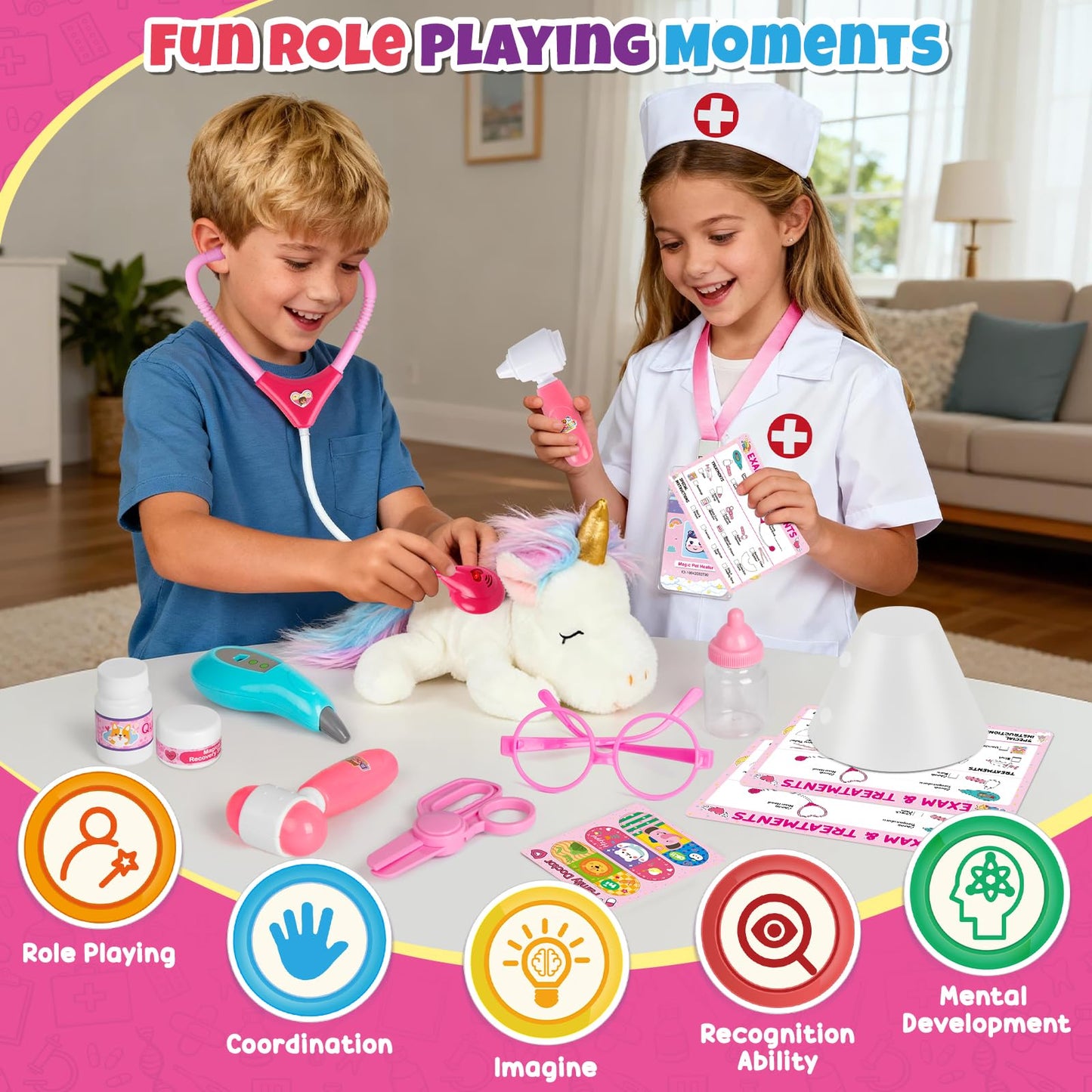 Alritz Unicorn Doctor Kit for Girls – Pretend Play Vet Set with Stethoscope & Carrying Bag