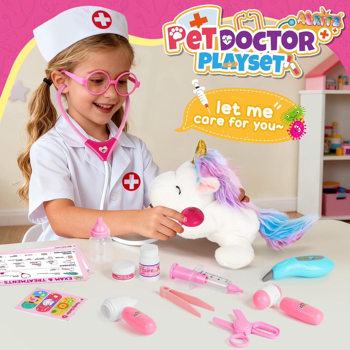 Alritz Unicorn Doctor Kit for Girls – Pretend Play Vet Set with Stethoscope & Carrying Bag