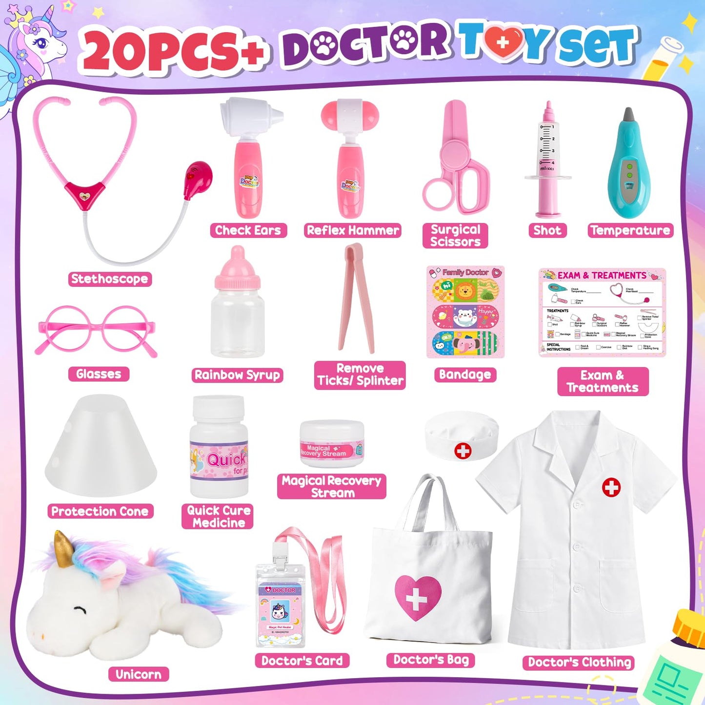 Alritz Unicorn Doctor Kit for Girls – Pretend Play Vet Set with Stethoscope & Carrying Bag