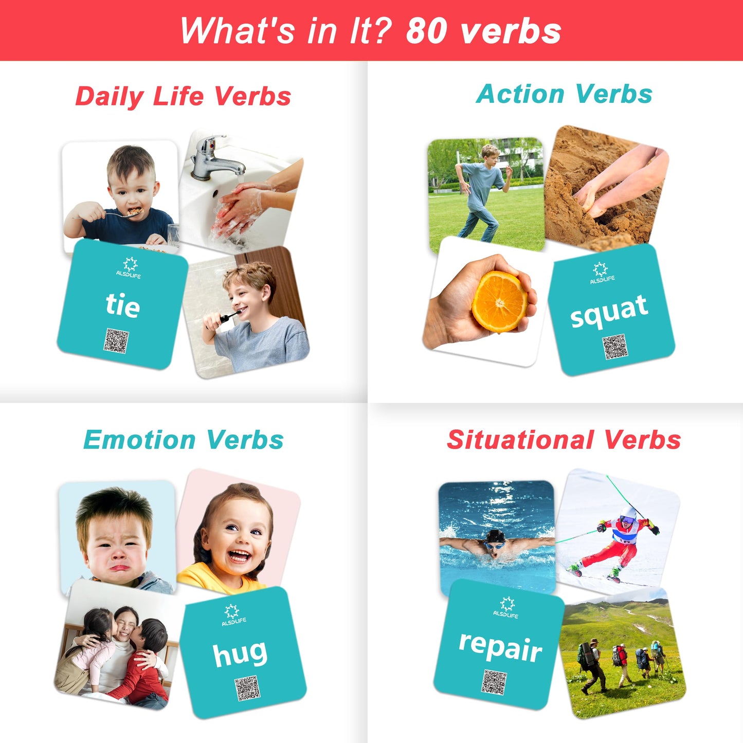 ALSOLIFE 80 Verb Cards for Speech Therapy – Durable, Engaging Flash Cards for Kids 4–8