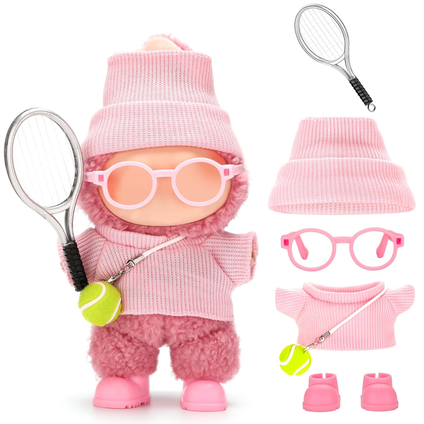 ALTRJO 17cm Labubu Doll Tennis 6-Piece Set – Pink Sports Outfit for 15/17cm Dolls