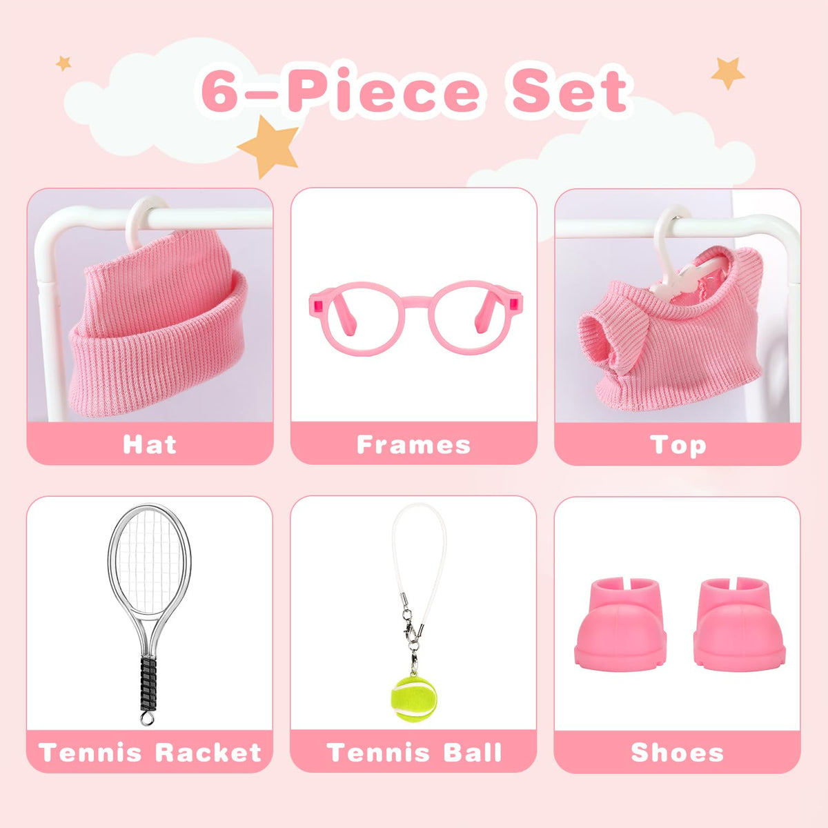 ALTRJO 17cm Labubu Doll Tennis 6-Piece Set – Pink Sports Outfit for 15/17cm Dolls
