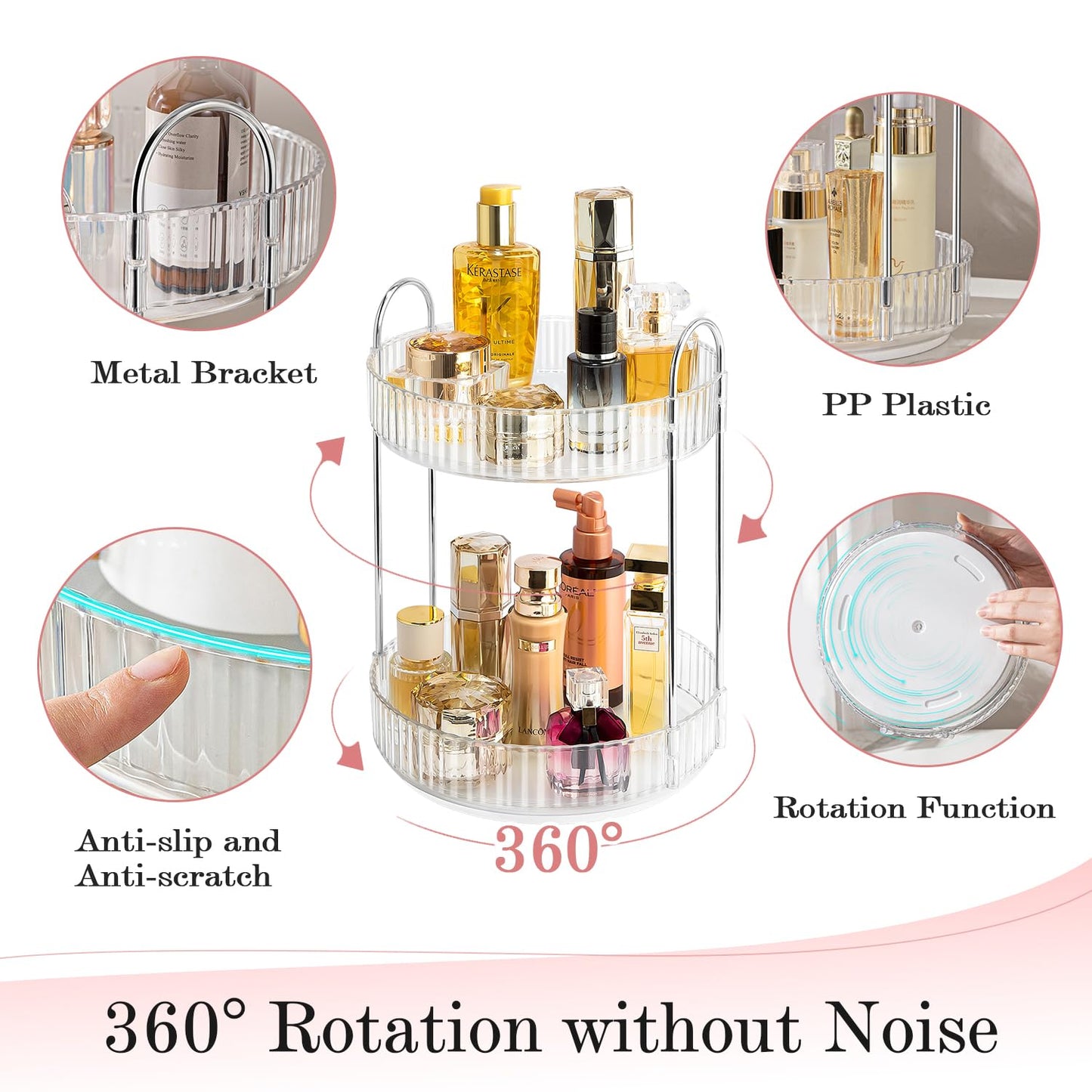ALUYUYO Rotating Makeup Organizer — 360° Spinner, 2-Tier Transparent Vanity Storage
