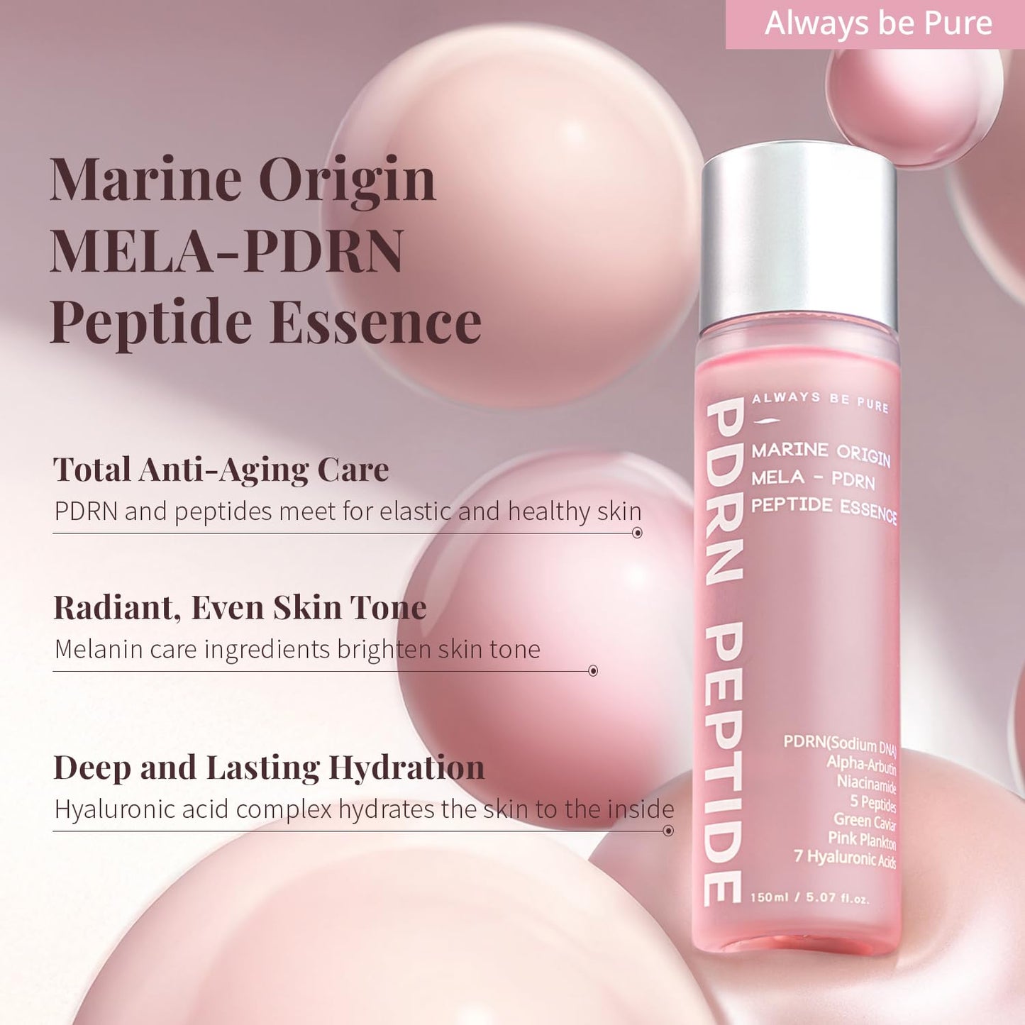 Always Be Pure Marine Origin Mela-PDRN Peptide Essence – Skin Renewal Serum with Salmon DNA & Niacinamide (150ml)