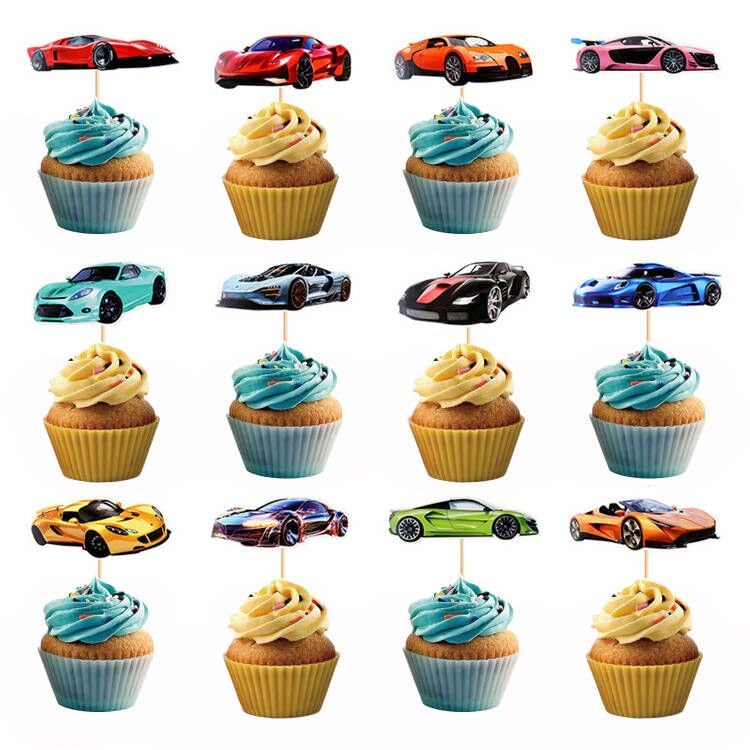 AMABAZR 24 Pack Racing Car Cupcake Toppers – Racing Theme Cake Decorations for Baby Showers & Kids' Parties