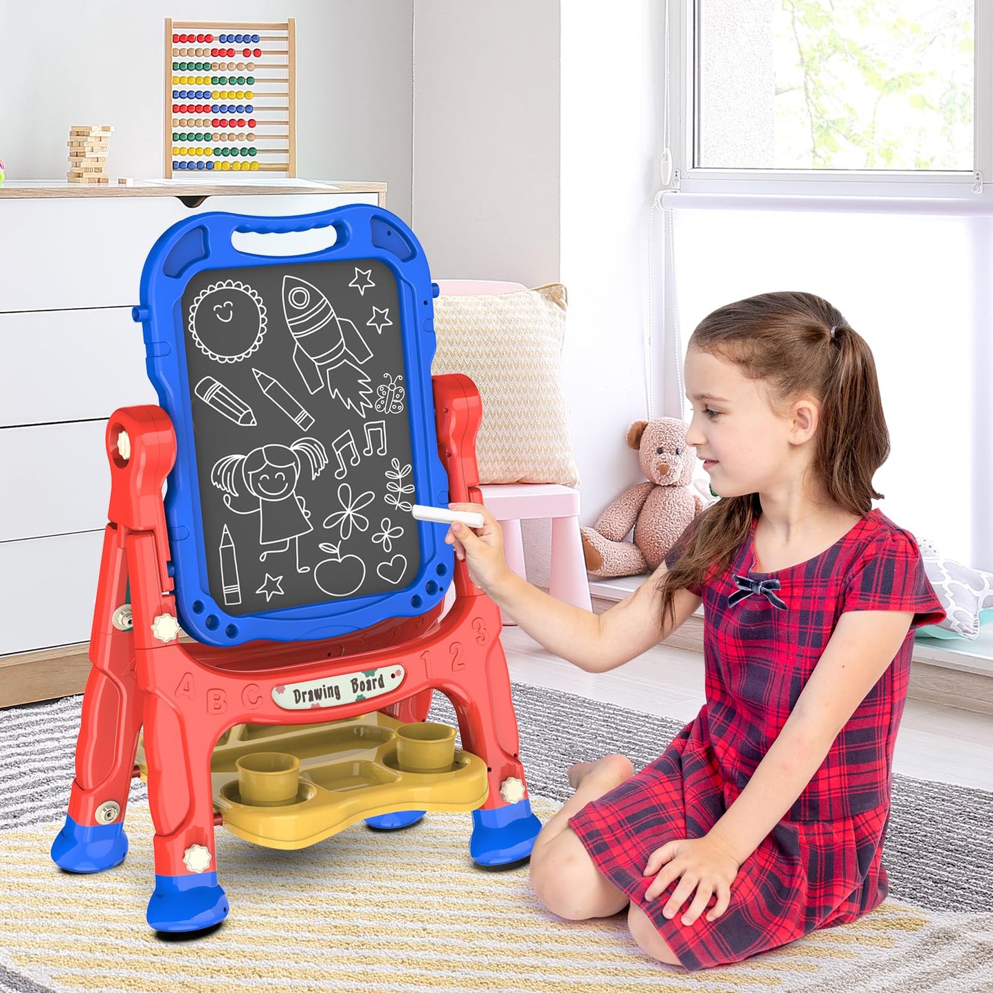 Amagoing Art Easel for Kids (Ages 3-5) | Adjustable Double-Sided Chalkboard & Whiteboard with Accessories