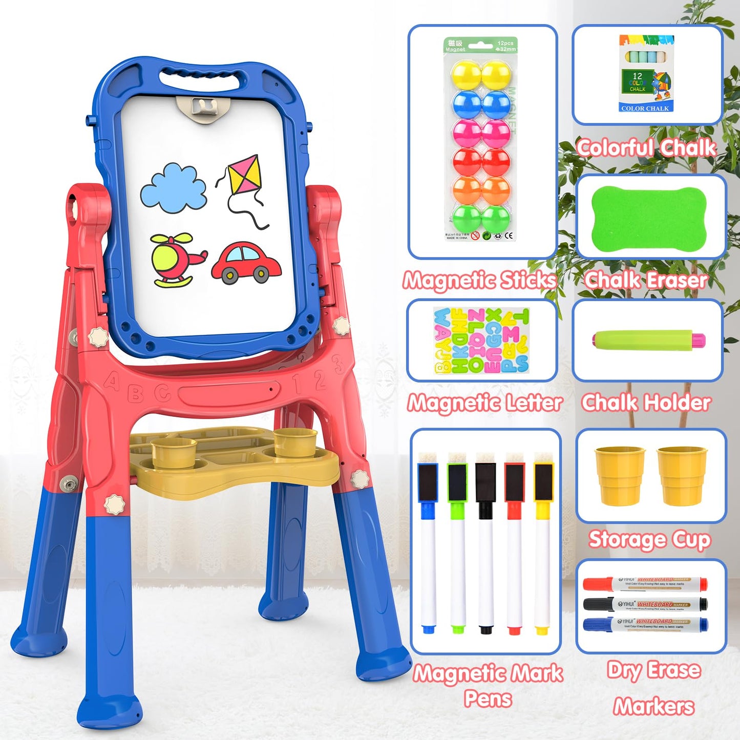 Amagoing Art Easel for Kids (Ages 3-5) | Adjustable Double-Sided Chalkboard & Whiteboard with Accessories