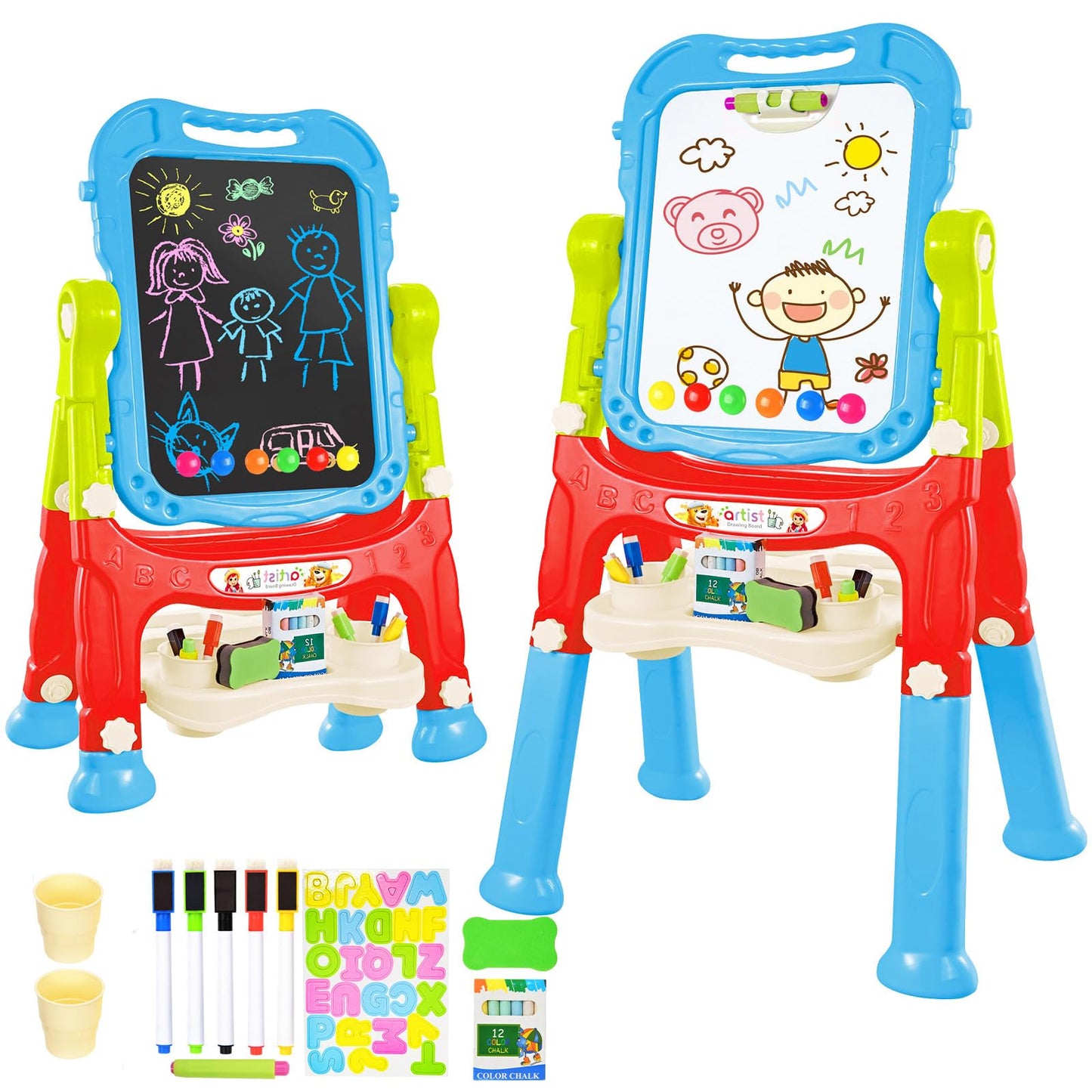 Amagoing 4-in-1 Adjustable Kids Easel – Double-Sided Chalkboard & Dry Erase Board, 360° Rotation, Height-Adjustable, Blue