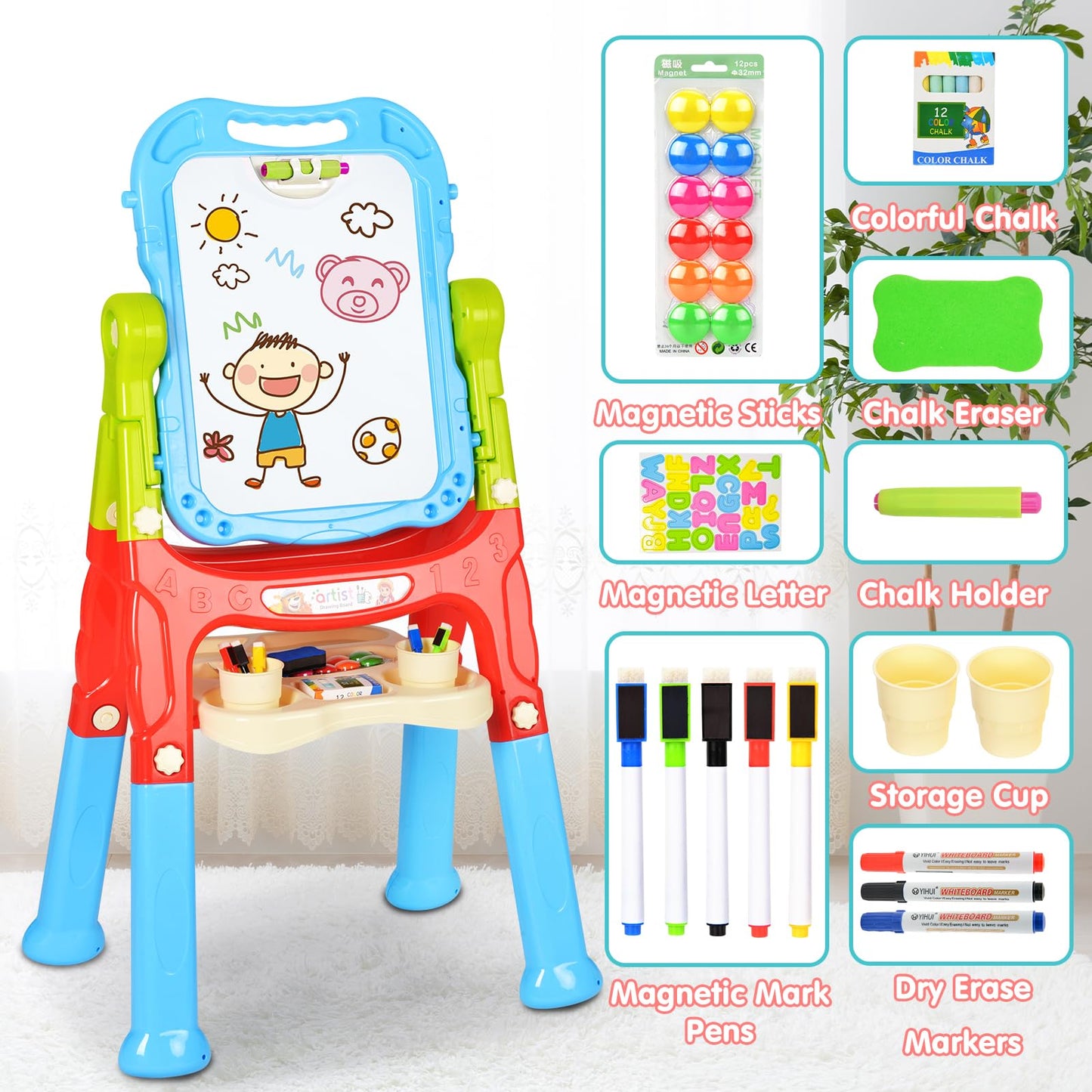 Amagoing 4-in-1 Adjustable Kids Easel – Double-Sided Chalkboard & Dry Erase Board, 360° Rotation, Height-Adjustable, Blue