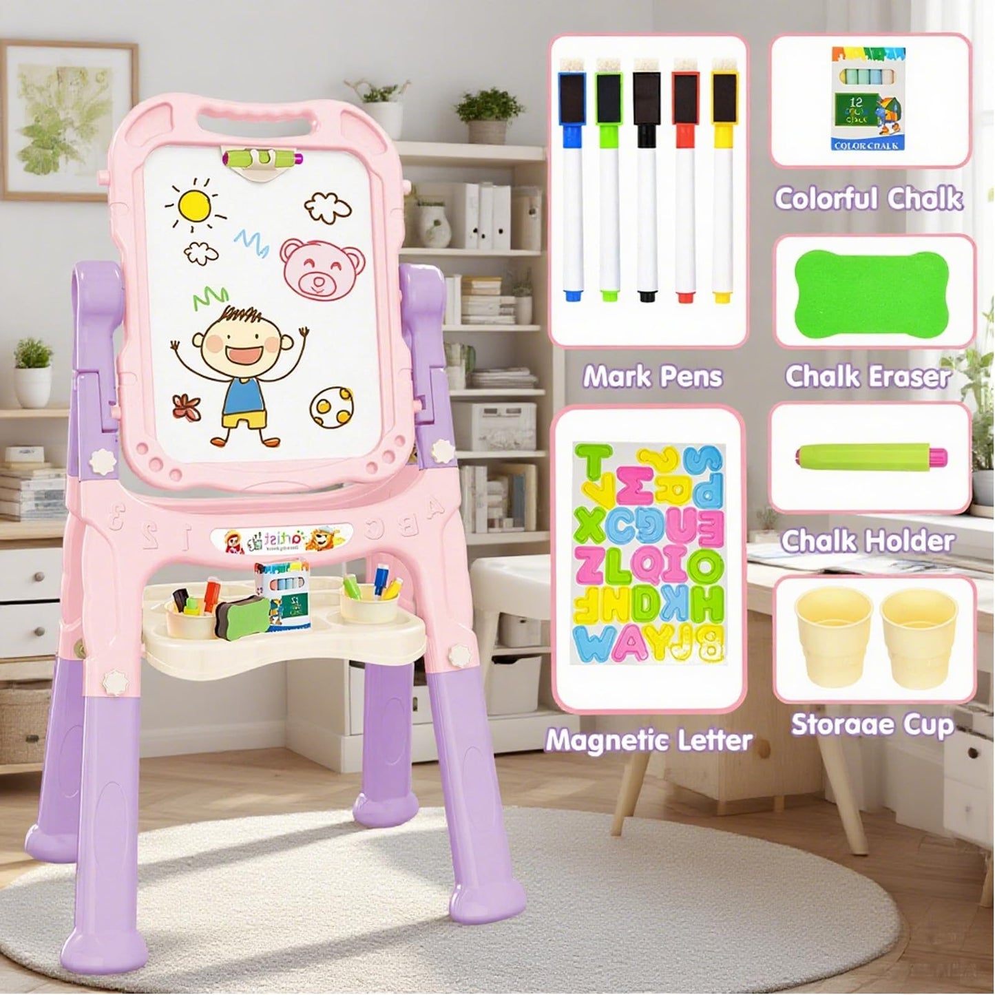 Amagoing Adjustable Kids Easel – Double Magnetic Drawing Board, 360° Rotate, Purple Pink