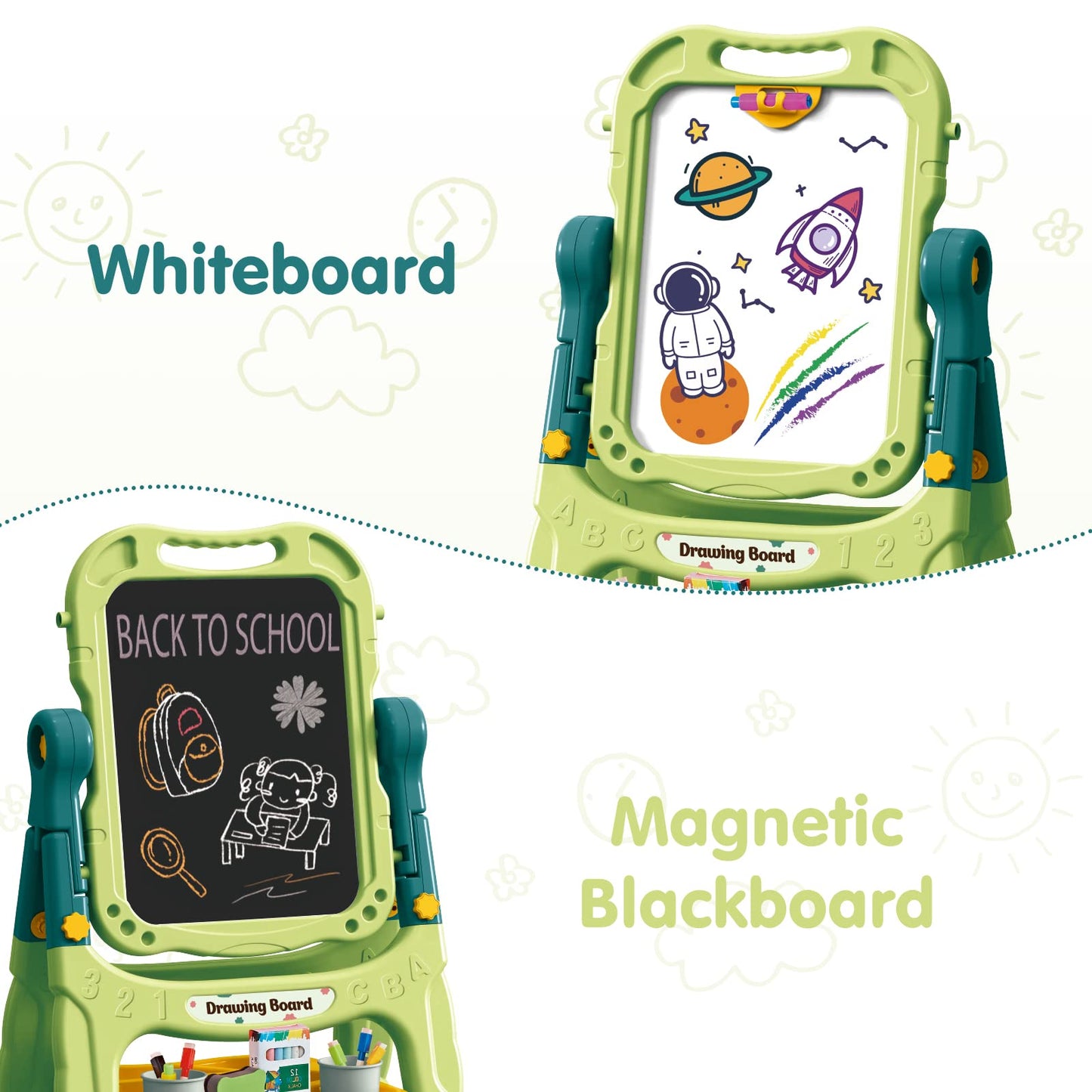 Amagoing Adjustable Standing Kids Easel (Ages 2–4) – Double-Sided Magnetic Board & Accessories