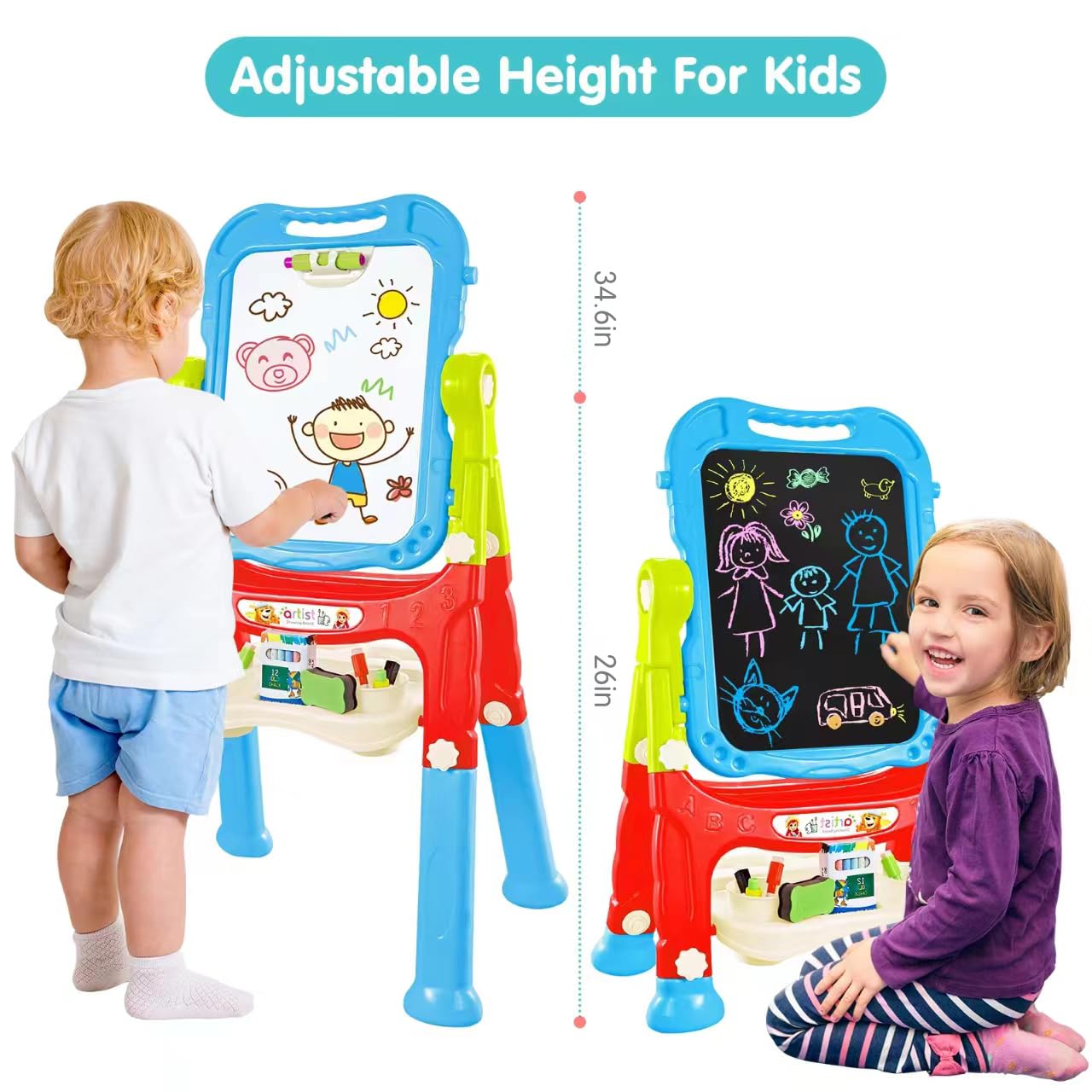 Amagoing 4-in-1 Adjustable Kids Easel – Double-Sided Chalkboard & Dry Erase Board, 360° Rotation, Height-Adjustable, Blue