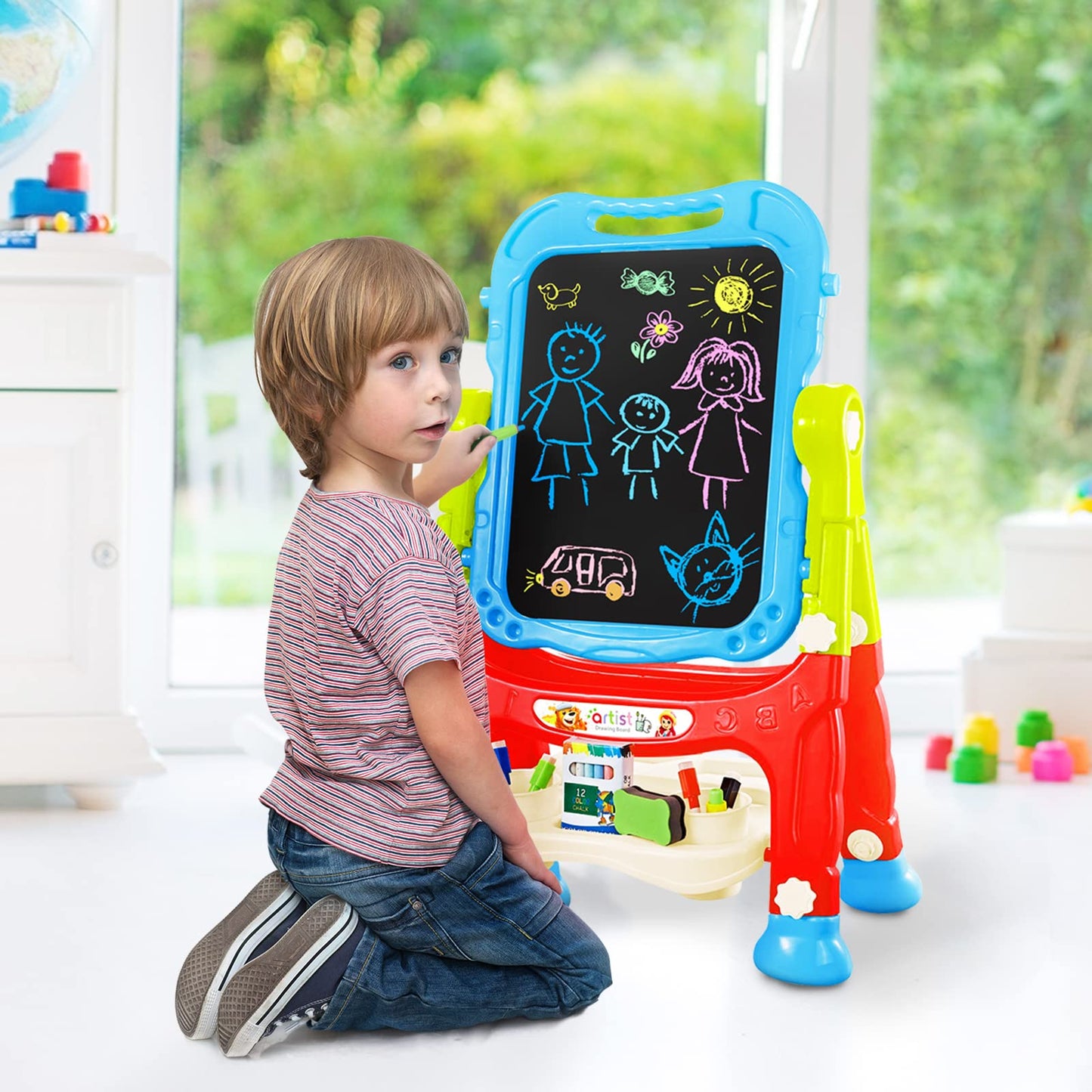 Amagoing 4-in-1 Adjustable Kids Easel – Double-Sided Chalkboard & Dry Erase Board, 360° Rotation, Height-Adjustable, Blue