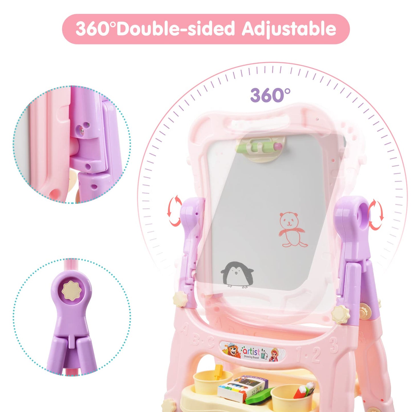 Amagoing Adjustable Kids Easel – Double Magnetic Drawing Board, 360° Rotate, Purple Pink