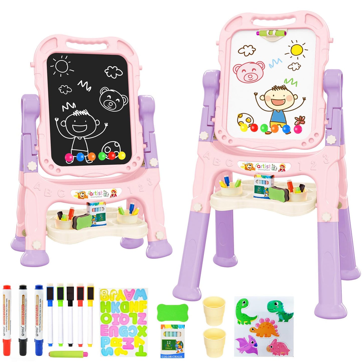 Amagoing Adjustable Kids Easel – Double Magnetic Drawing Board, 360° Rotate, Purple Pink