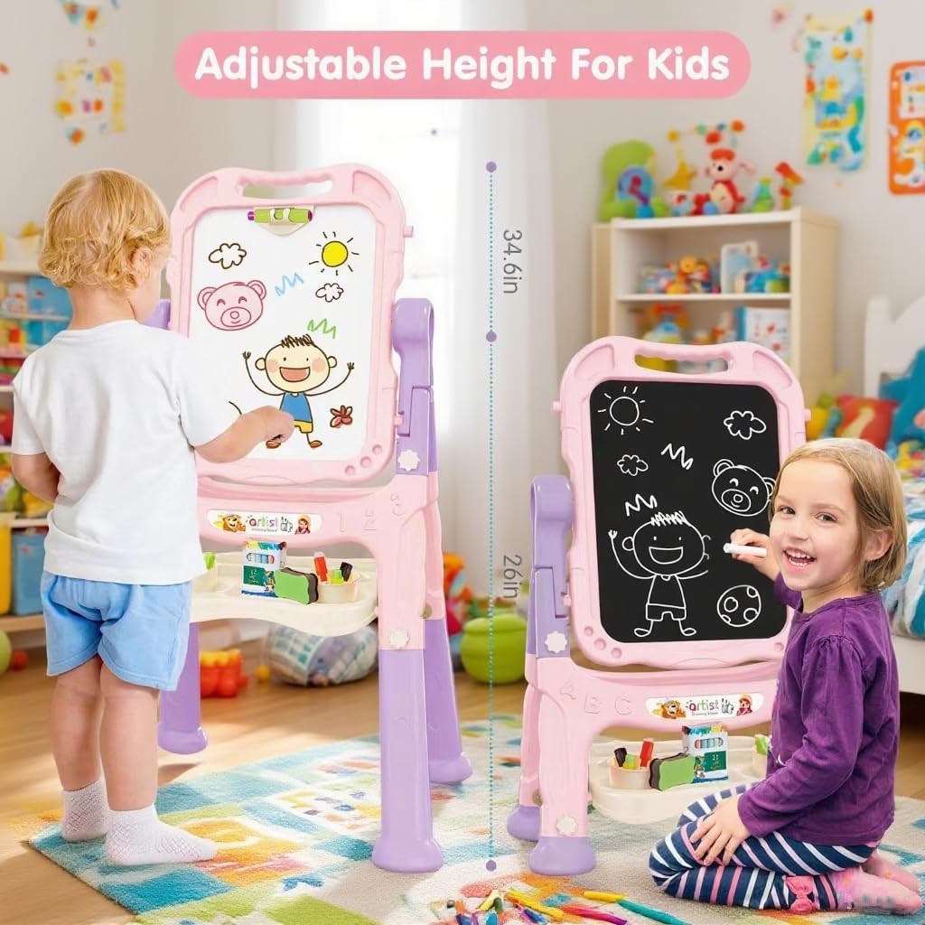 Amagoing Adjustable Kids Easel – Double Magnetic Drawing Board, 360° Rotate, Purple Pink