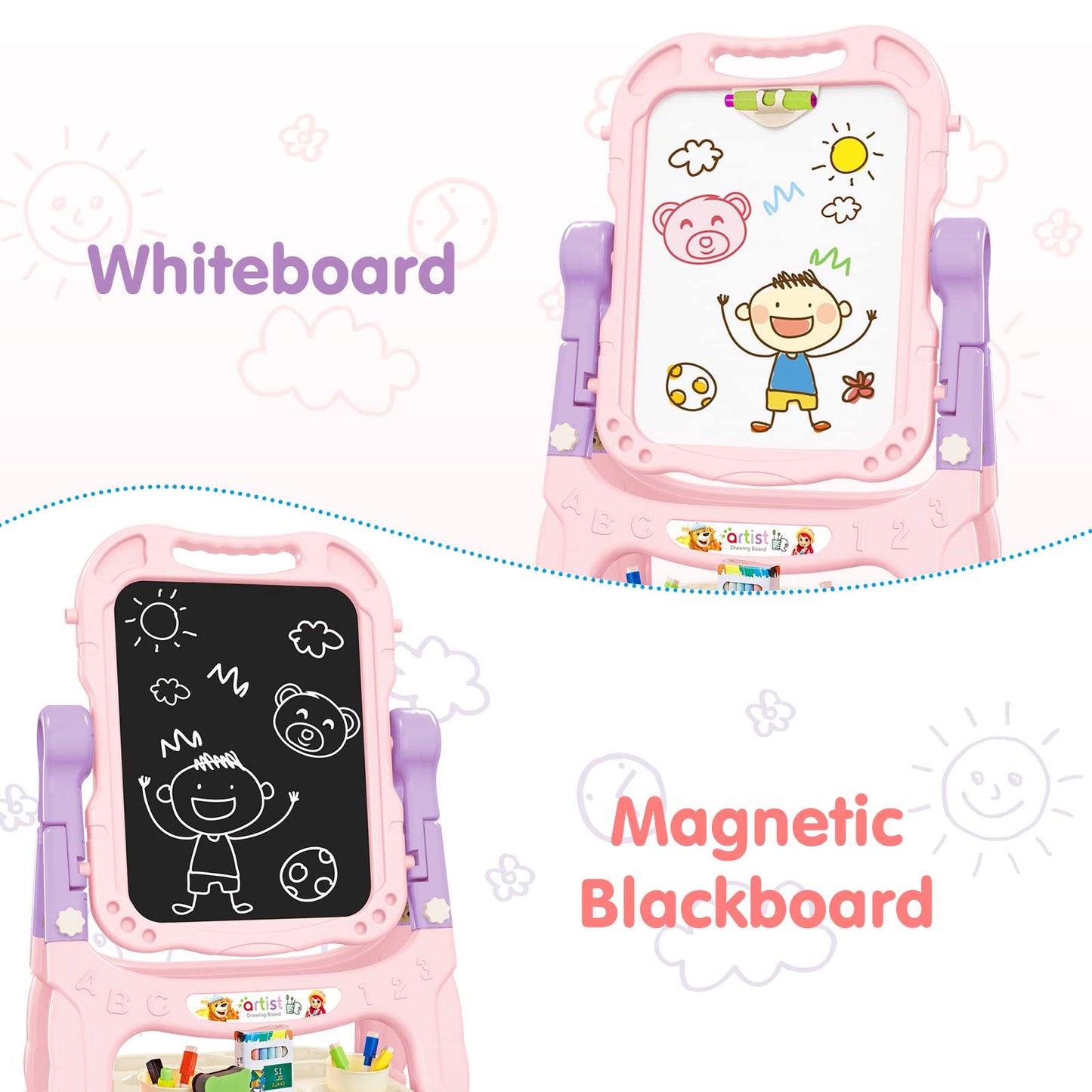 Amagoing Adjustable Kids Easel – Double Magnetic Drawing Board, 360° Rotate, Purple Pink