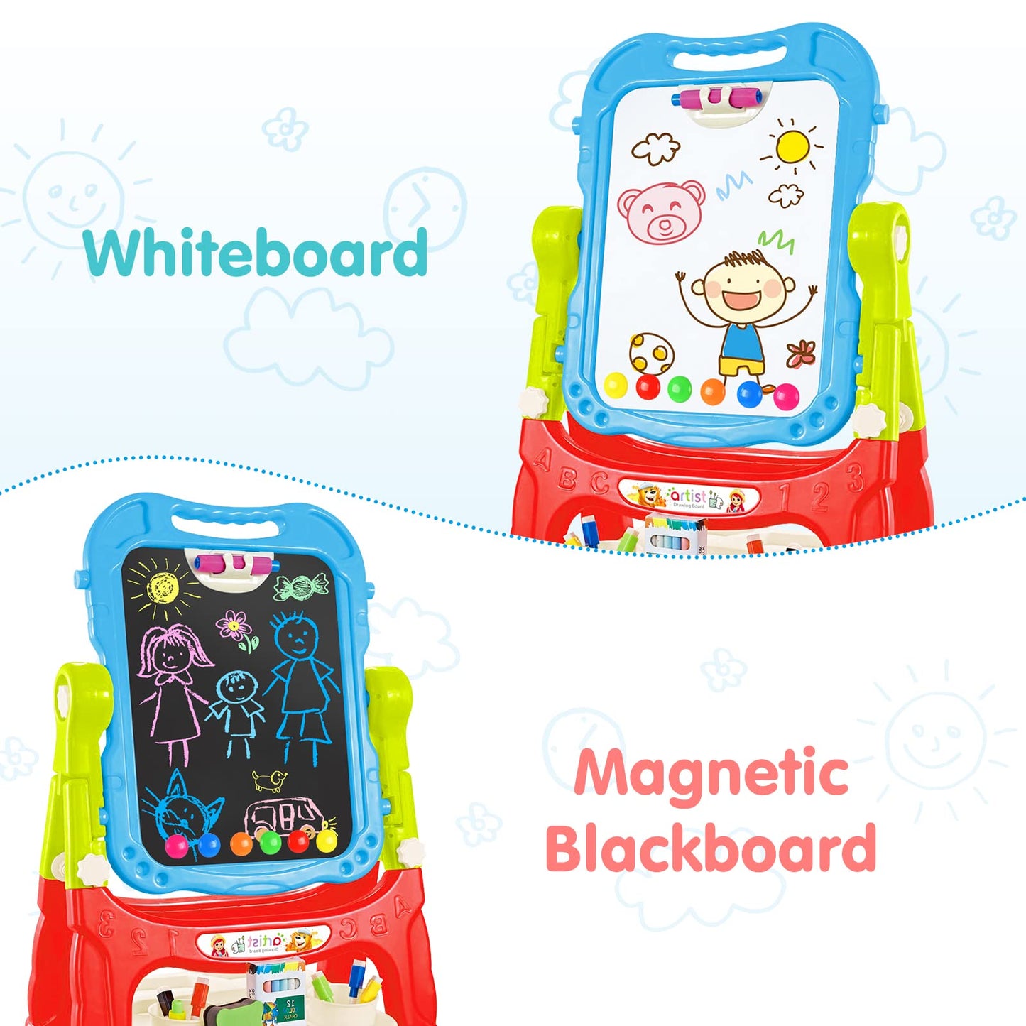 Amagoing 4-in-1 Adjustable Kids Easel – Double-Sided Chalkboard & Dry Erase Board, 360° Rotation, Height-Adjustable, Blue