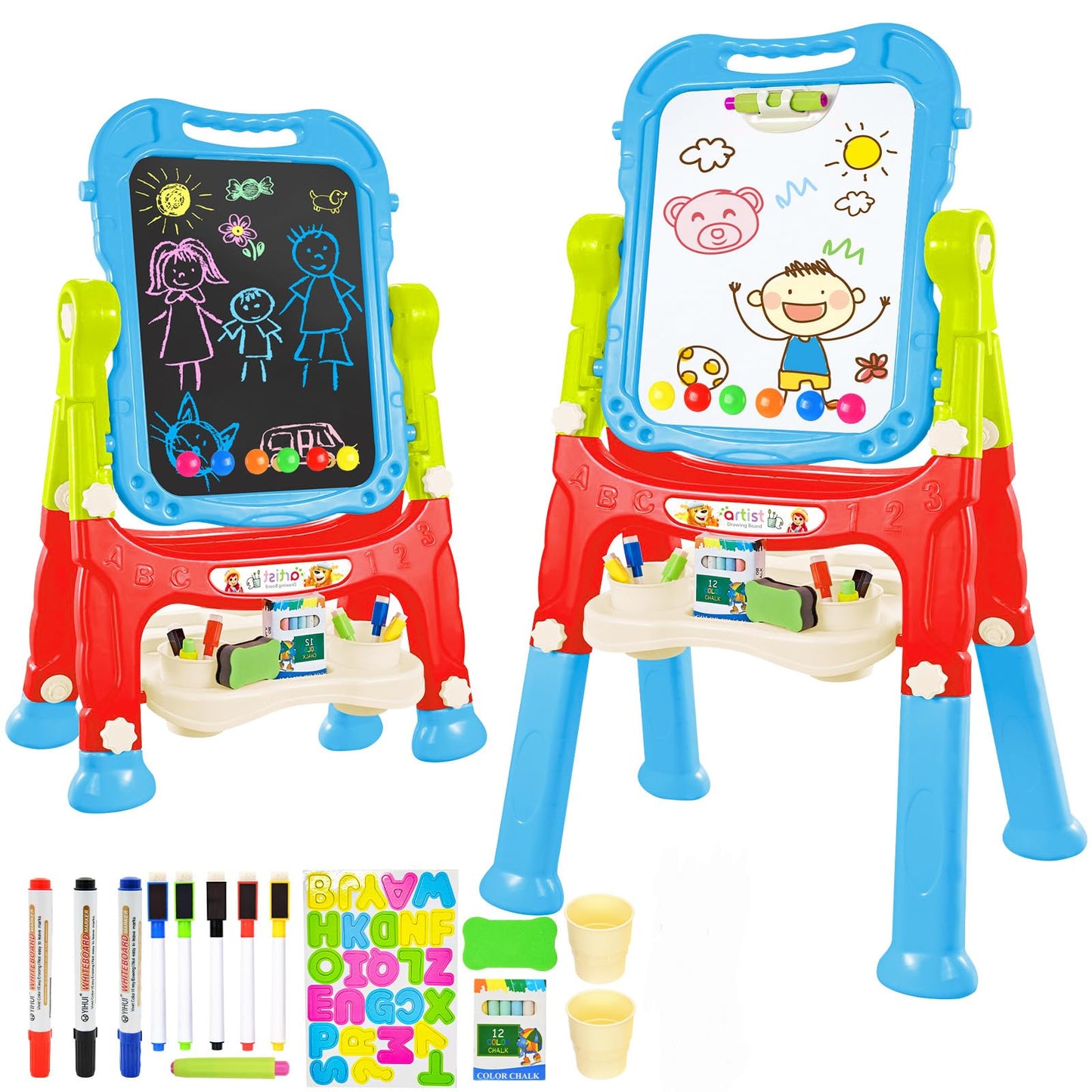 Amagoing 4-in-1 Adjustable Kids Easel – Double-Sided Chalkboard & Dry Erase Board, 360° Rotation, Height-Adjustable, Blue