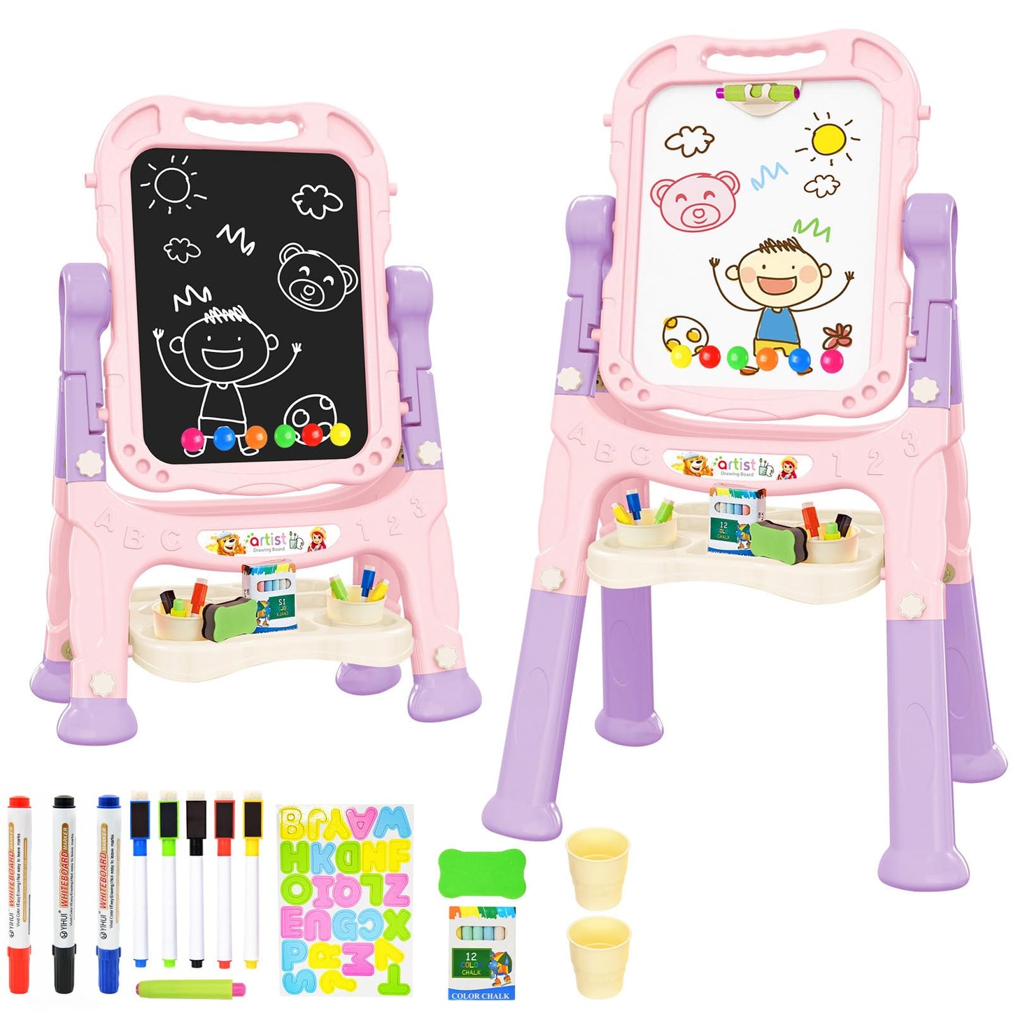 Amagoing Adjustable Kids Easel – Double-Sided Chalkboard & Whiteboard, 26-34 inches, Pink