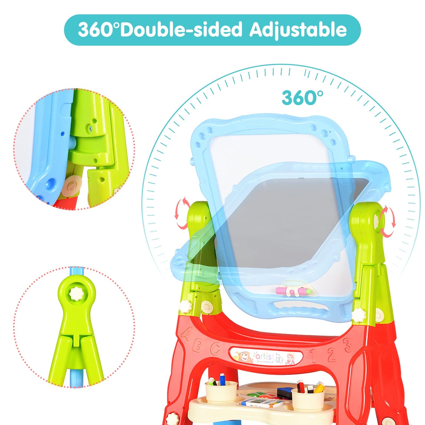 Amagoing 4-in-1 Adjustable Kids Easel – Double-Sided Chalkboard & Dry Erase Board, 360° Rotation, Height-Adjustable, Blue