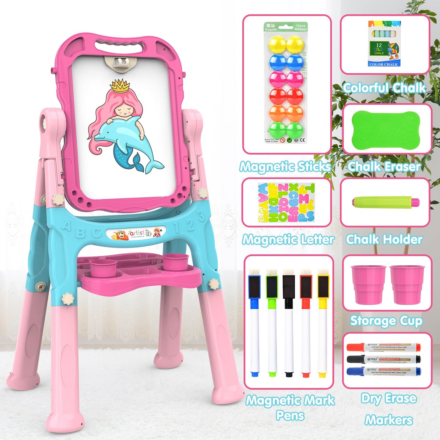 Amagoing Adjustable Kids Easel – Double-Sided Chalk & Whiteboard (26–34.6 in)