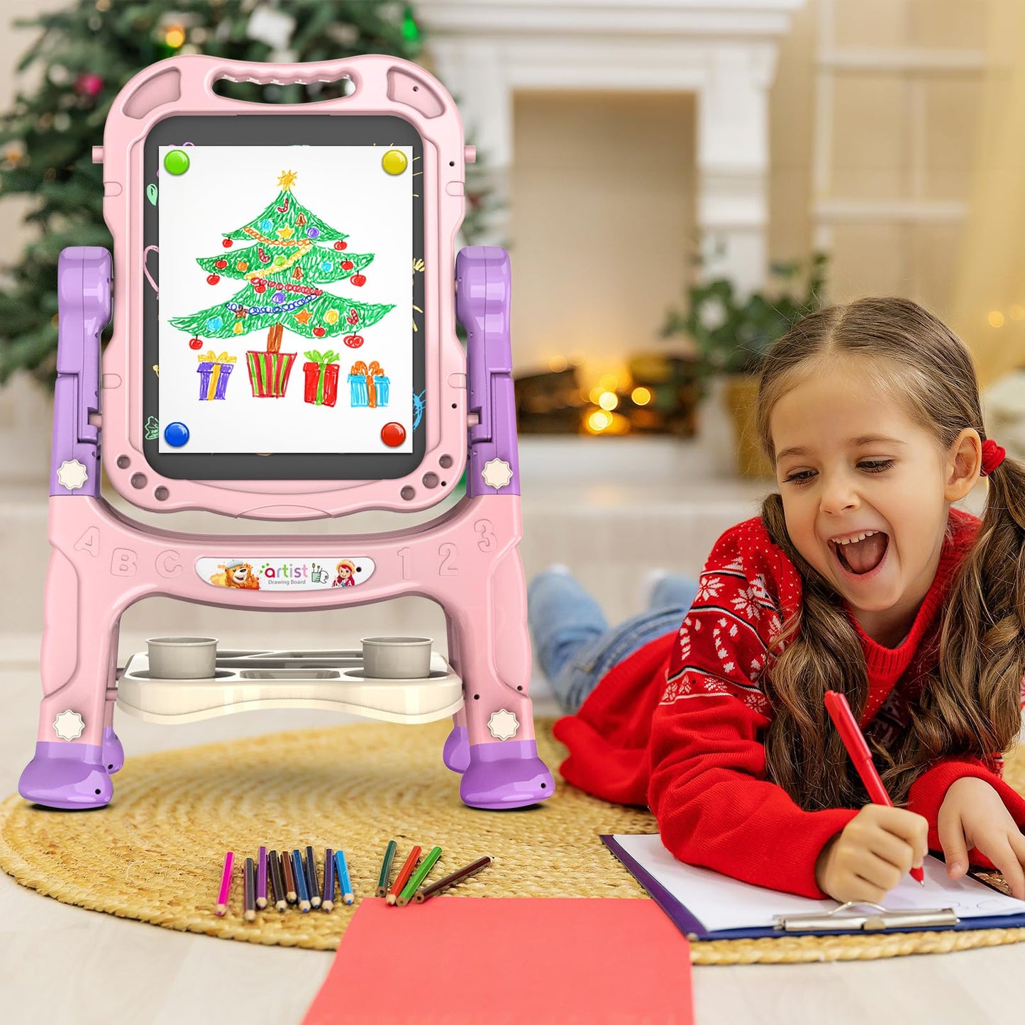 Amagoing Adjustable Kids Easel – Double Magnetic Drawing Board, 360° Rotate, Purple Pink