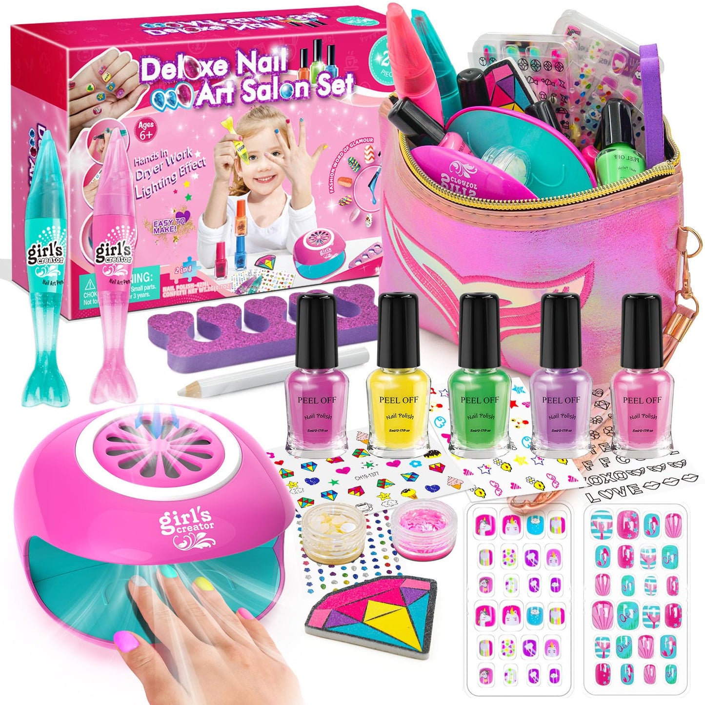 Amagoing Kids Nail Polish Set for Girls | Nail Dryer, Nail Art Pens & Cartoon Press-On Tips
