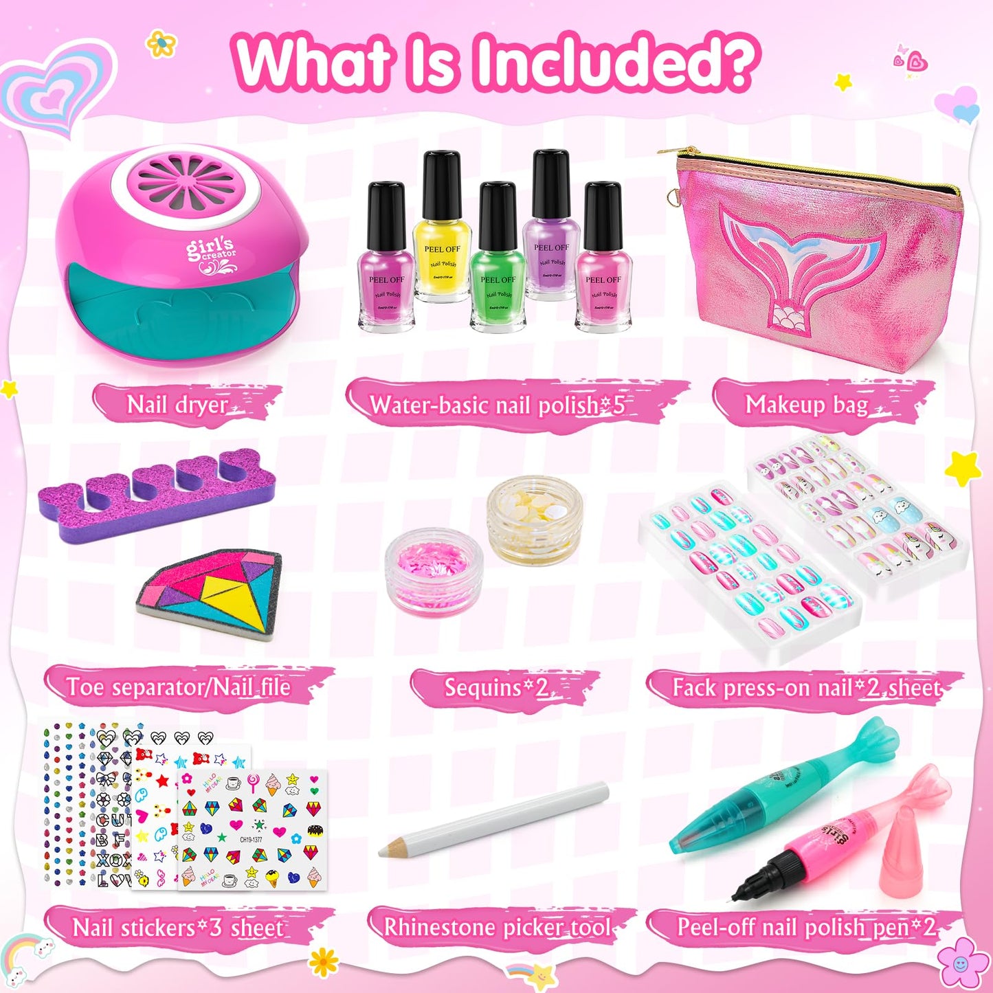 Amagoing Kids Nail Polish Set for Girls | Nail Dryer, Nail Art Pens & Cartoon Press-On Tips